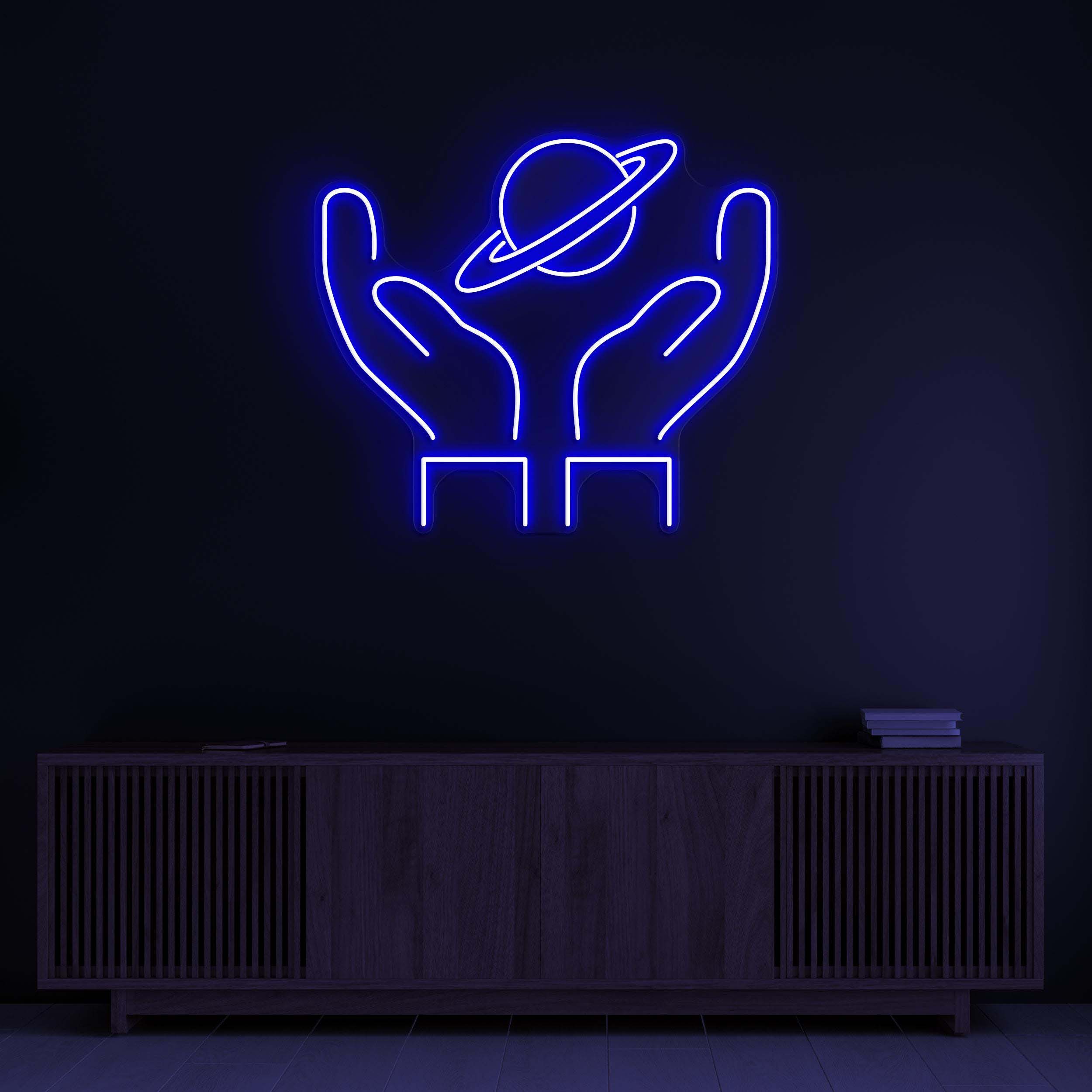 Saturn Planet Neon Sign, Hands Led Light, World Hold Neon Light, Home Wall Decor, Space Wall Art, Bar, Cafe and Studio Neon Decor, Gift Idea