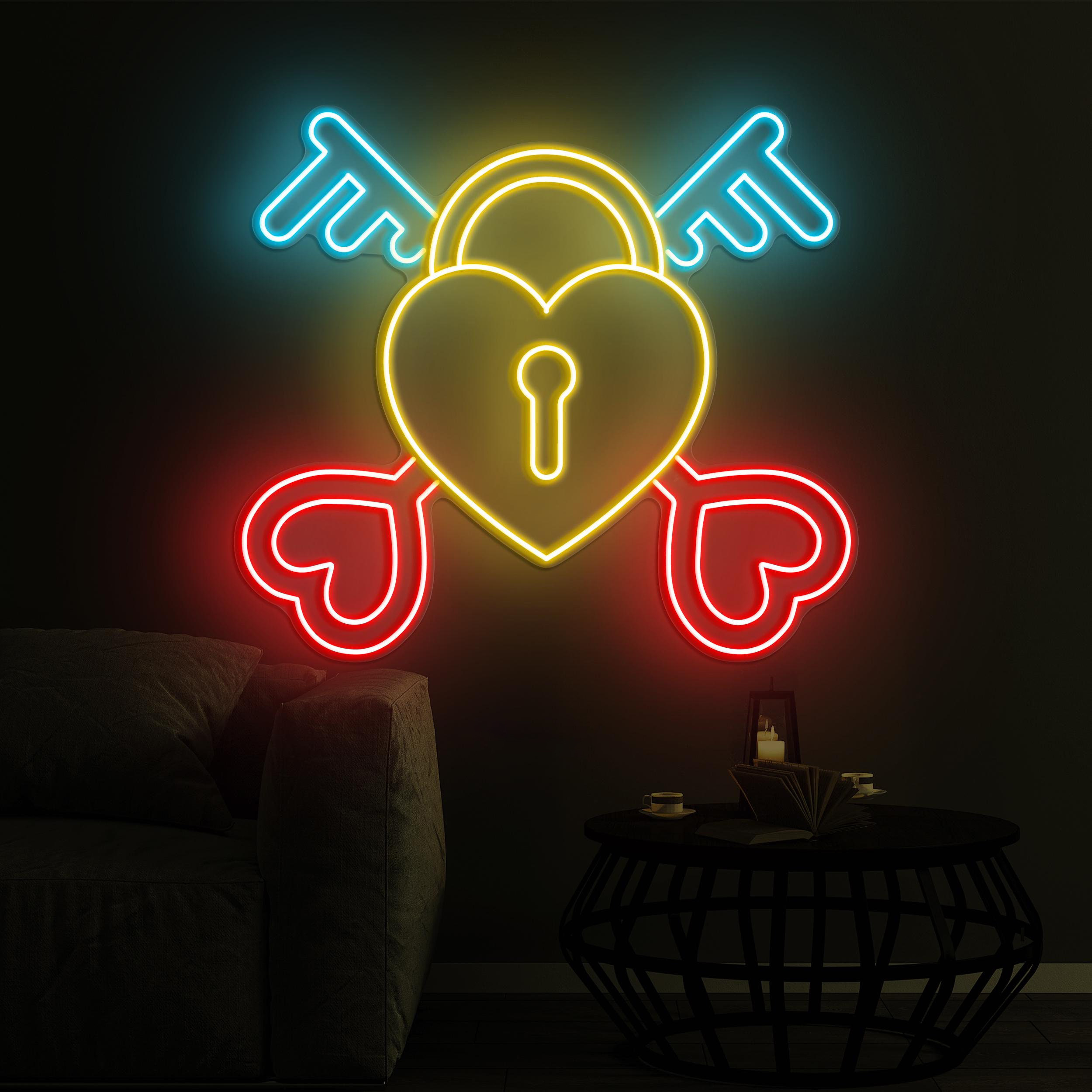 Heart and Keys Neon Sign, Heart and Keys LED Light, Lock With Key LED Neon Art, Romantic Neon Wall Art, Couple Neon Sign, Love Wall Decor