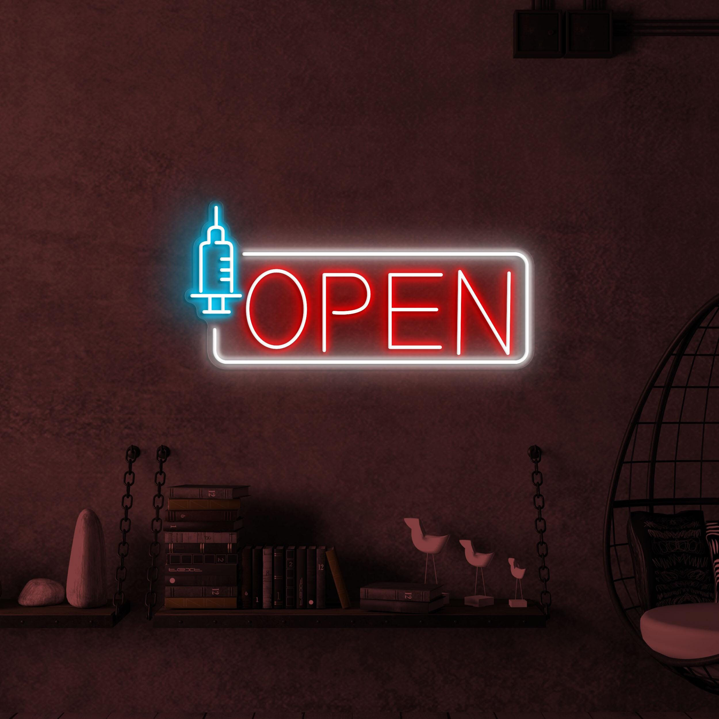 Open Neon Sign, Open LED Sign, Medical Wall Decor, Syringe Wall Art, Hospital Open Neon Light, Open Logo Led Sign, Business Logo Neon Sign