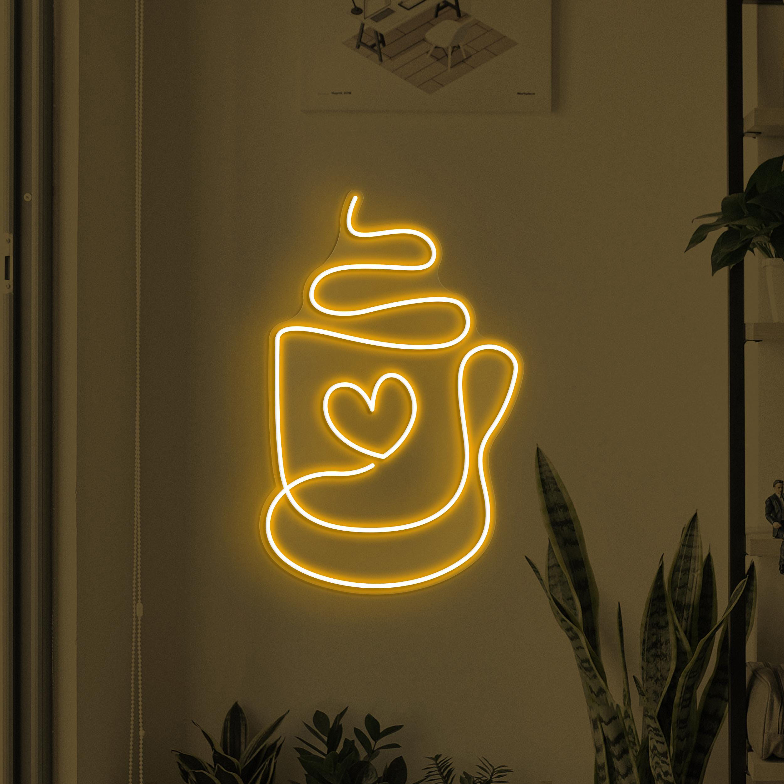 Coffee Heart Cup Neon Sign, Coffee Love LED Light, Coffee Shop Wall Decor, Coffee Cup Logo, Store, Bar, Cafe & Home Decor, Couple Neon Sign