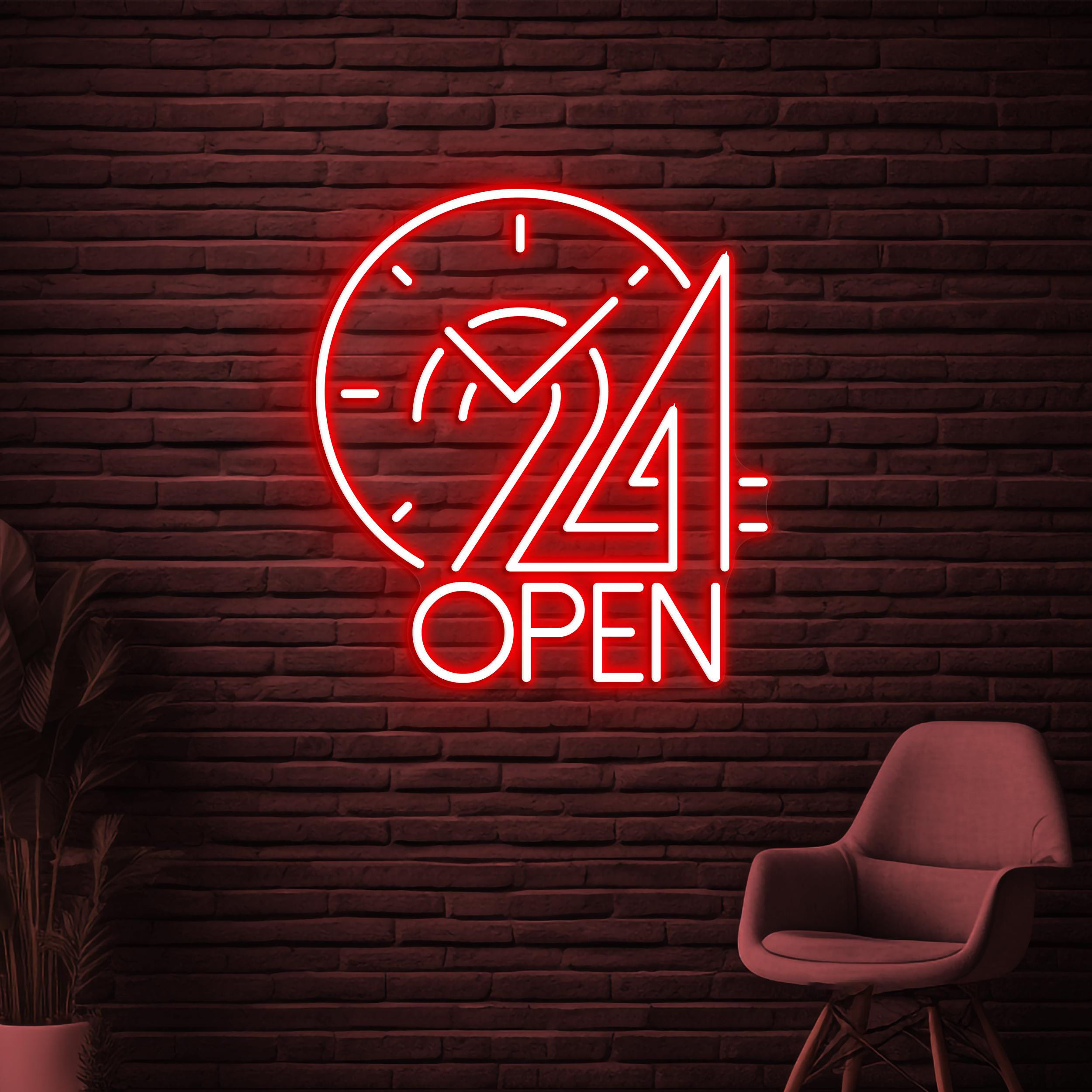 24 Open Neon Sign, 24 Hours Open LED Sign, Clock Wall Decor, Home Wall Art, Sign, Business Neon Sign, Restaurant Neon Light, Bar Club Decor
