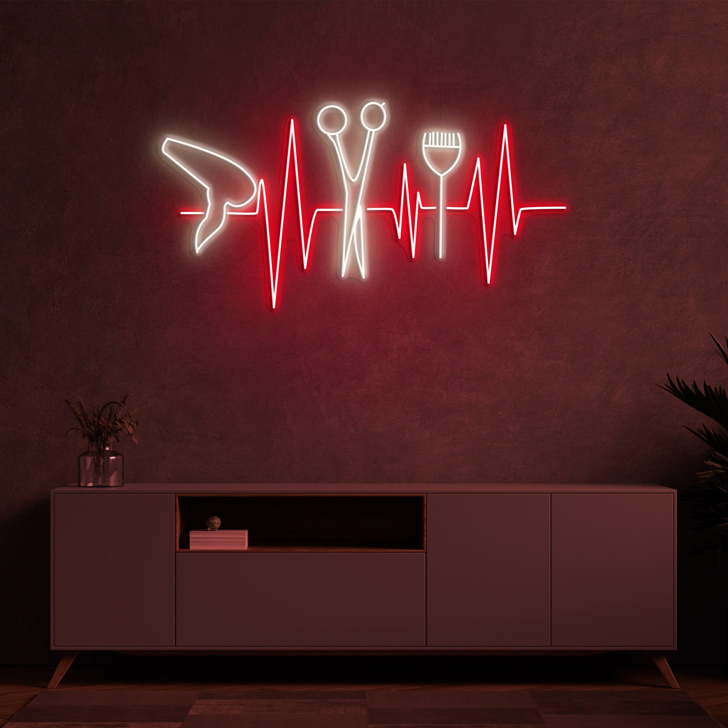 Hair Salon Neon Sign, LED Neon Light with Heartbeat, Hairdryer, Scissors, and Comb, LED Neon Sign for Barber Shop and Store Decor, Neon Art