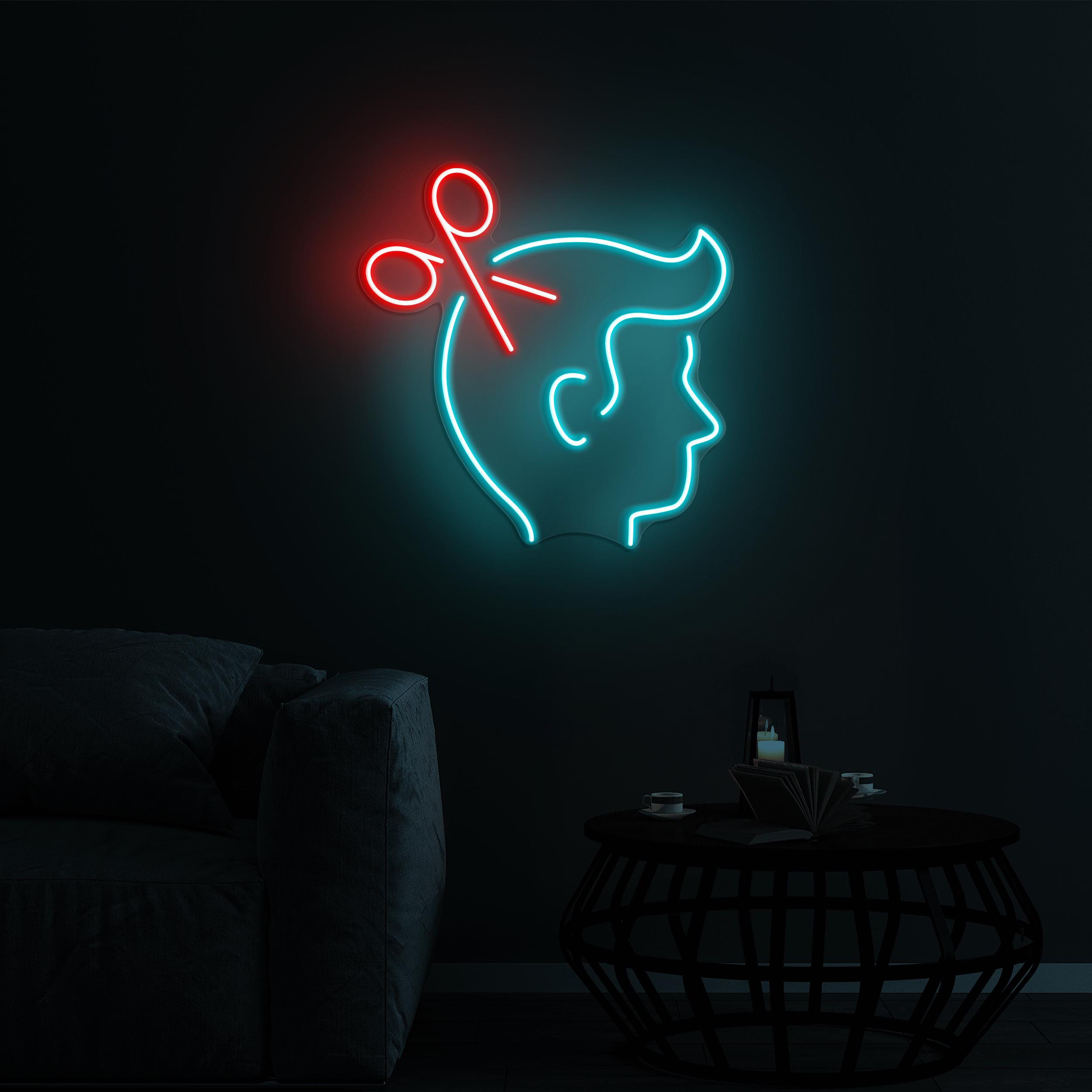 Hair Cut Neon Sign, Hair Cut LED Light, Scissors and Head Neon, Barber Shop LED Neon Art, Beauty Salon Wall Decor, Hair Dressing Neon Sign
