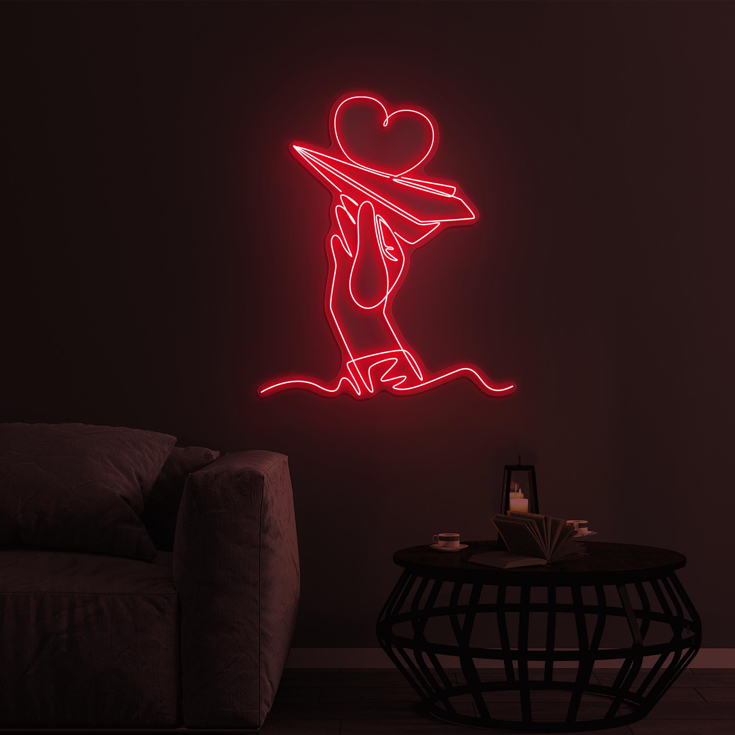 Hand and Paper Plane Neon Sign, Flying Heart LED Light, Hand and Paper Plane LED Neon Art, Home Wall Decor, Airport Wall Art, Custom Sign