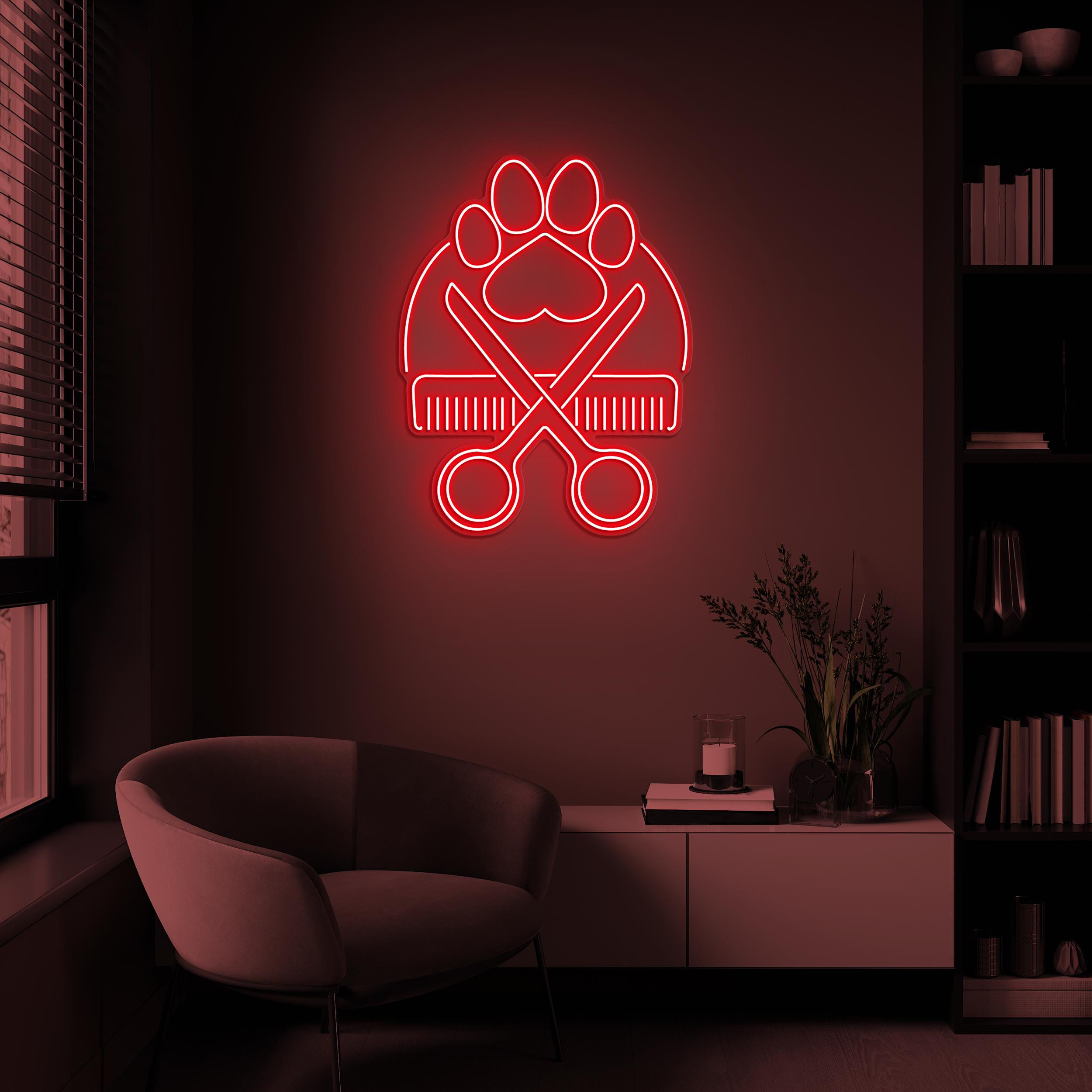 Paw with Scissors Neon Sign, Paw Print with Scissors LED Light, Dog Cat Pet Service Decor, Pet Shop Wall Decor, Paw Neon Art, Pet Salon Art