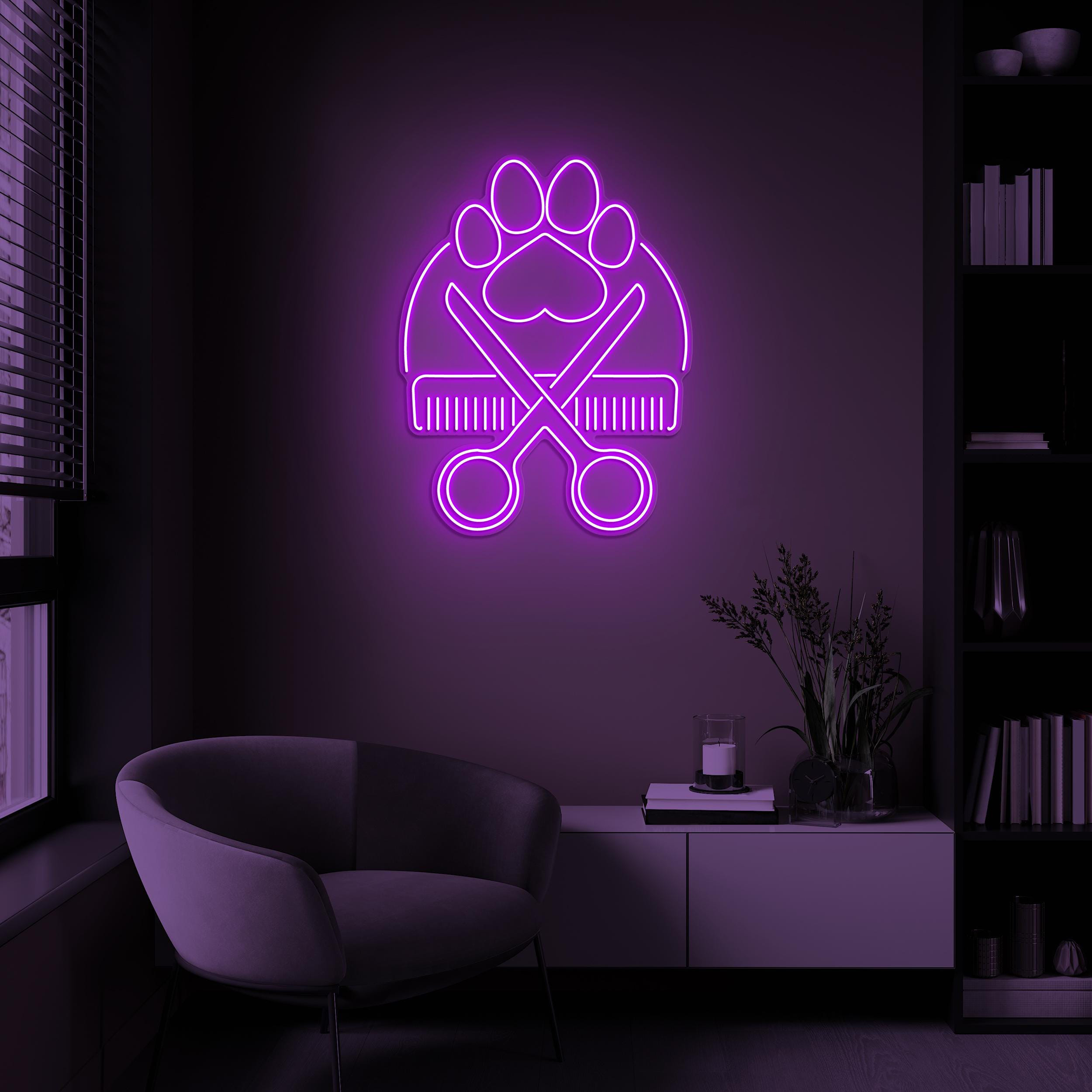 Paw with Scissors Neon Sign, Paw Print with Scissors LED Light, Dog Cat Pet Service Decor, Pet Shop Wall Decor, Paw Neon Art, Pet Salon Art