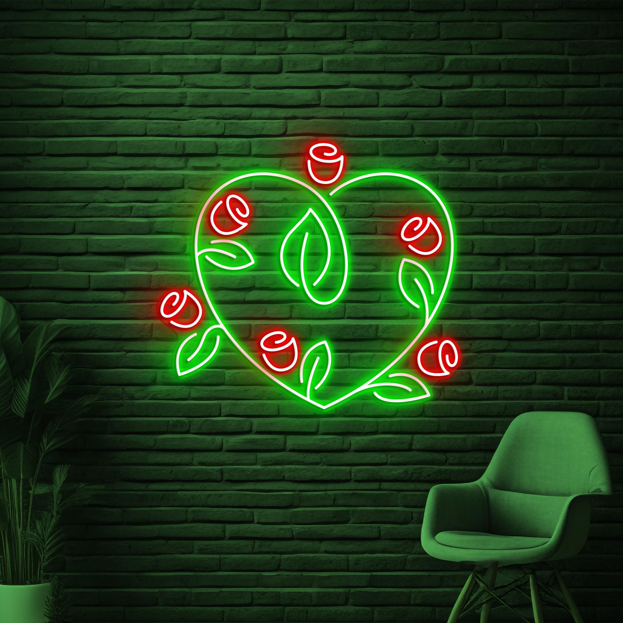 Rose Heart Neon Sign, Rose Heart LED Light, Flower With Heart Wall Art, Wedding Wall Decor, Home, Event, Party Bar Decor, Flower Shop Sign