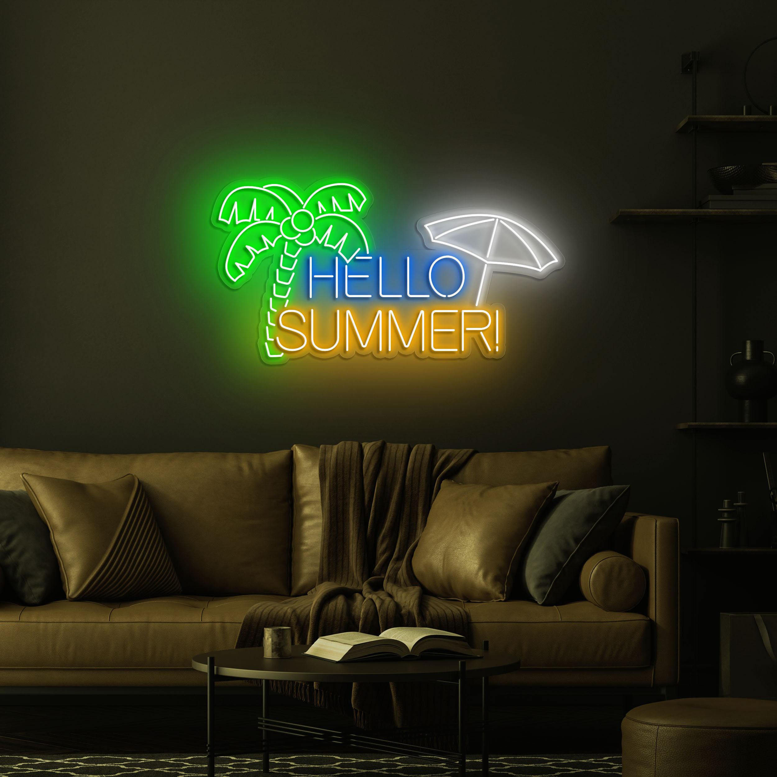 Hello Summer Neon Sign, Beach Decor SIgn, Palm Tree Wall Art Sign, Room and Pool Party Neon Sign for Shop Decor,  Summer Beach Neon Light