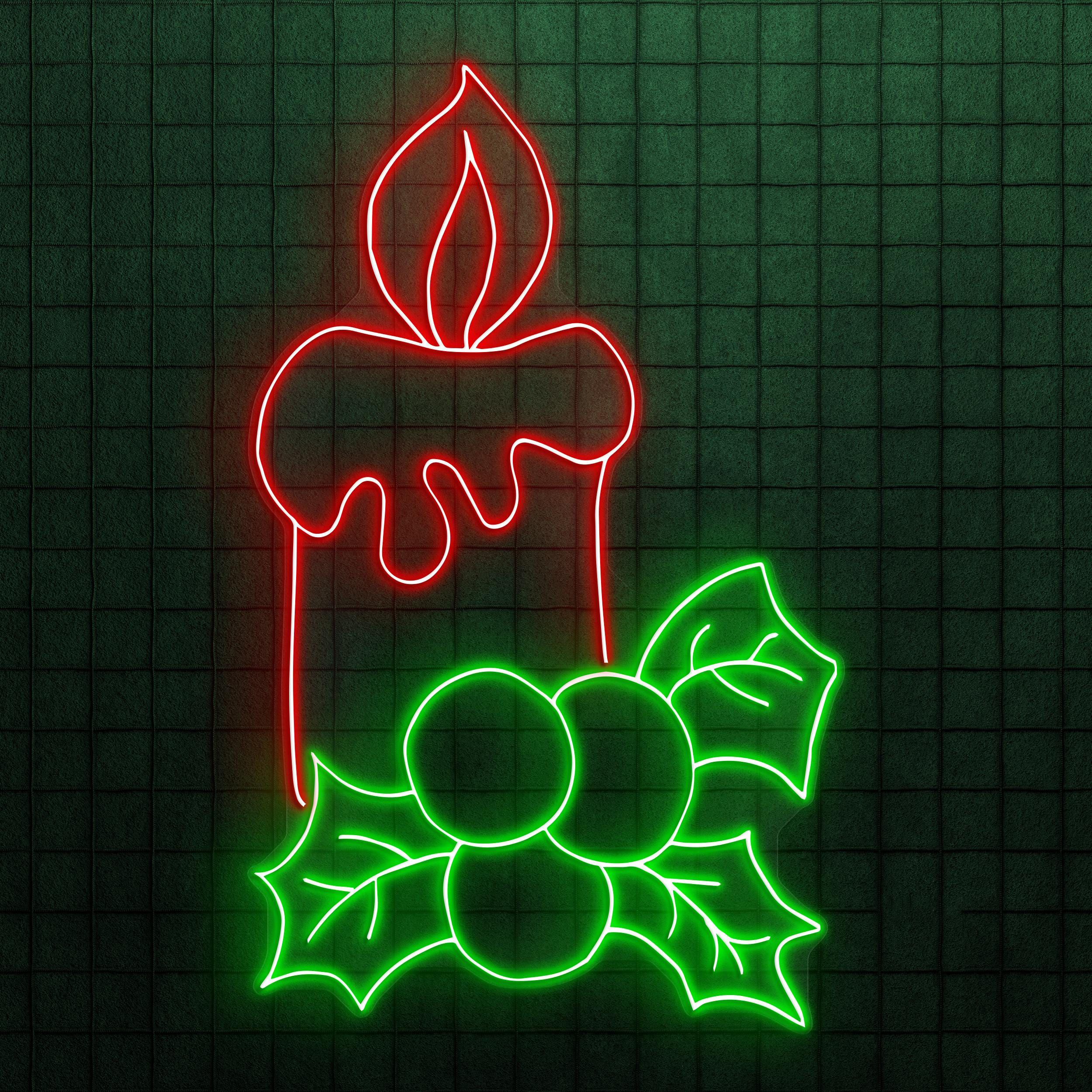 Candle Neon Sign, Christmas Candle LED Light, Berries and Leaves Neon Art, Festive Candle Wall Decor, Decor for Home, Weddings, & Party