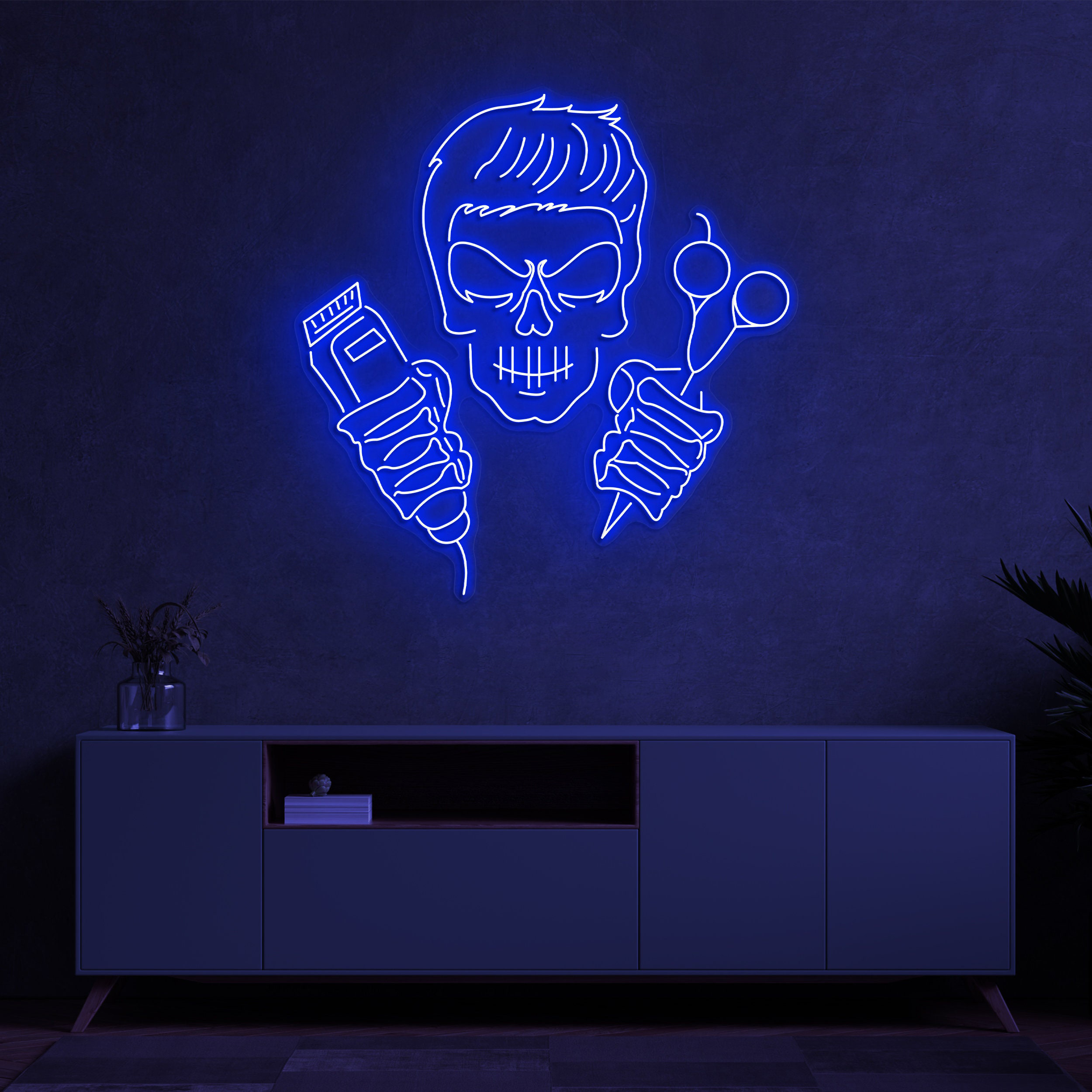 Skull Barber Neon Light, Clippers and Scissors Sign, Neon Sign for Salon Decor, Skull Head LED Light Sign, Led Decor For Hair Salon and Shop