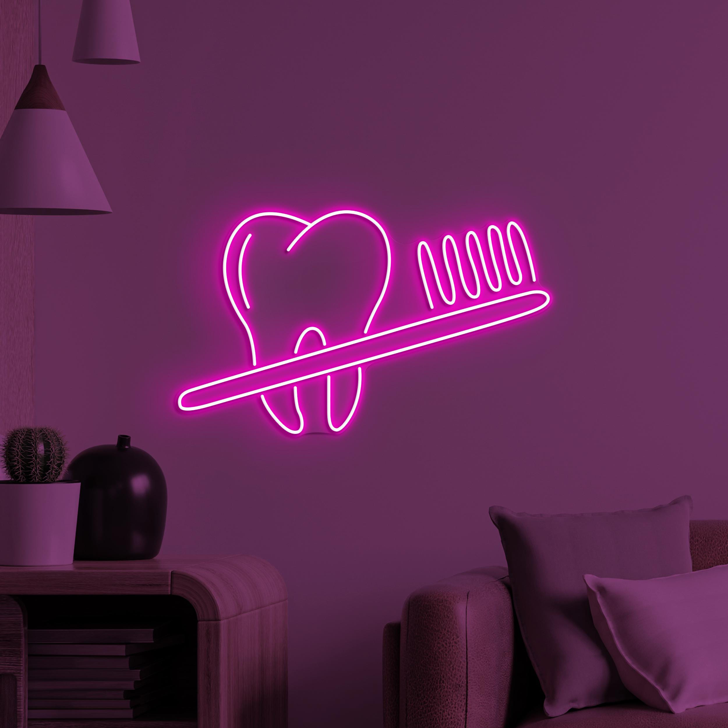 Toothbrush and Teeth Neon Sign, Toothbrush and Teeth LED Light, Bathroom Wall Decor, Dental Office Neon Light, Tooth & Brush Wall Light