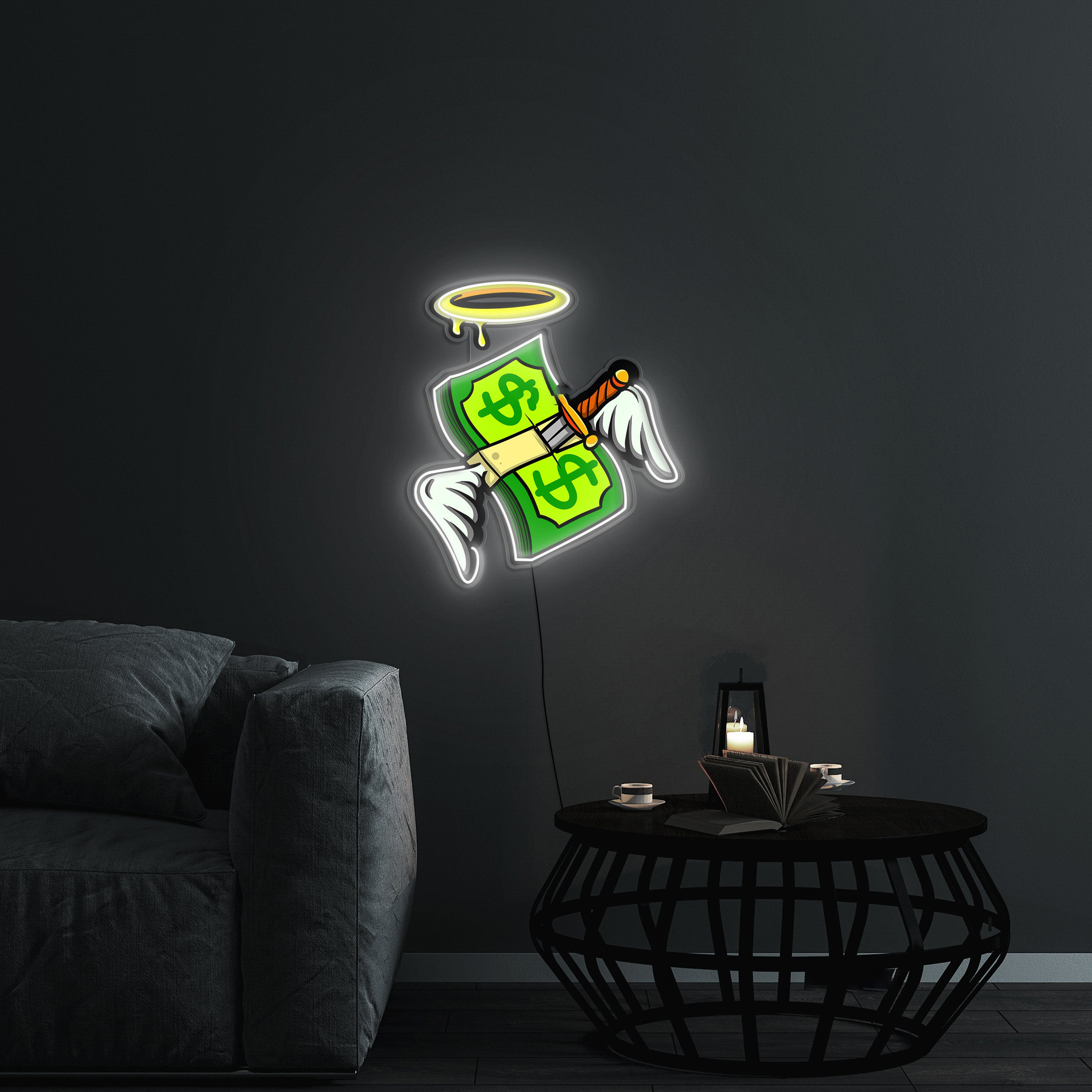 Money Neon Sign, Wings and Halo LED Pop Art, Bar and Game Room Decor, Unique Gift, Cash Neon Sign,Custom Neon Art for Home or Business Decor