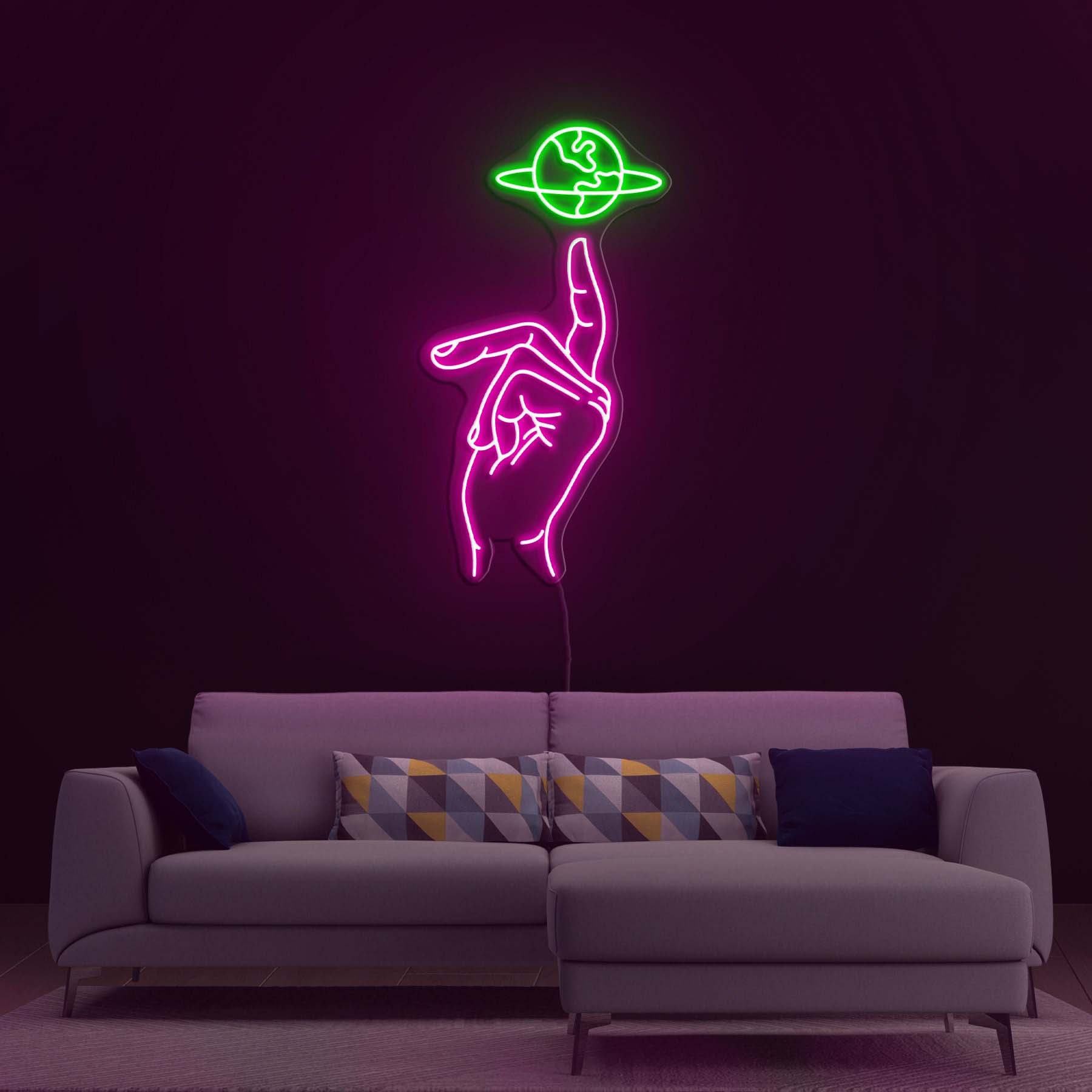 Hand on Planet Neon Light, Wall Decor for Bedroom, Bar, Home, Wall Art, Gift, Room Lighting, Earth Art, Neon Sign for Kids Room, Party Decor