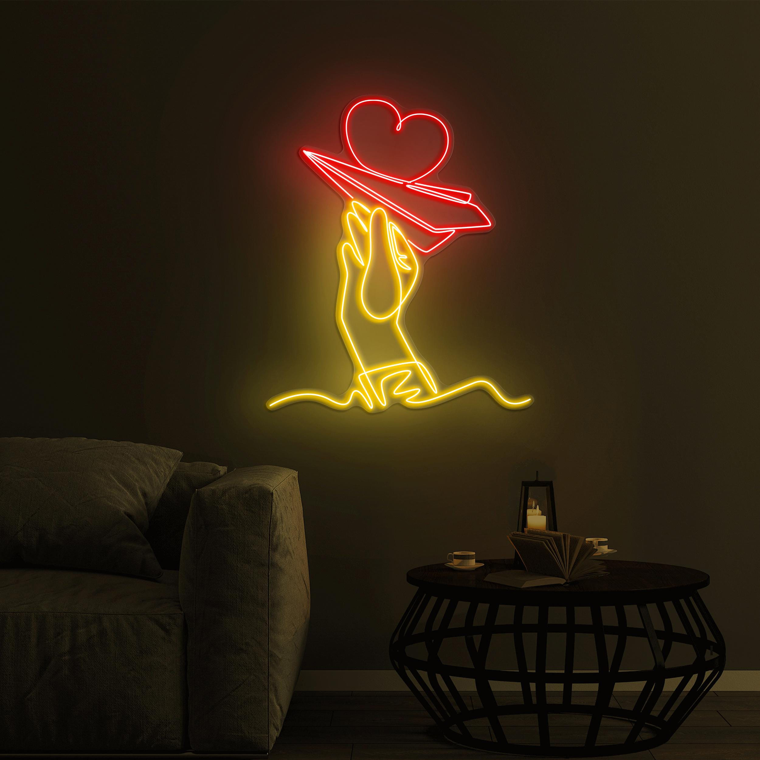 Hand and Paper Plane Neon Sign, Flying Heart LED Light, Hand and Paper Plane LED Neon Art, Home Wall Decor, Airport Wall Art, Custom Sign