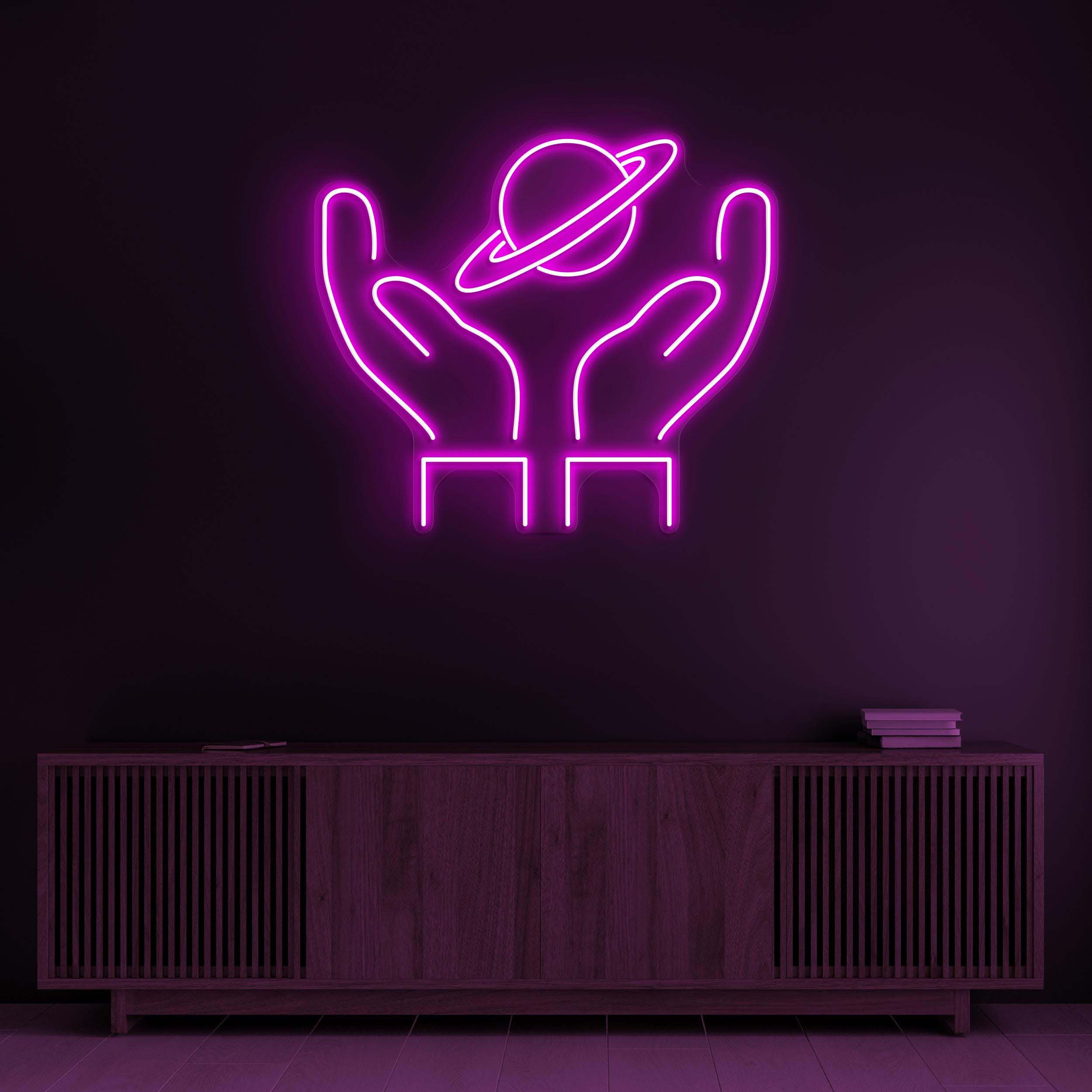 Saturn Planet Neon Sign, Hands Led Light, World Hold Neon Light, Home Wall Decor, Space Wall Art, Bar, Cafe and Studio Neon Decor, Gift Idea