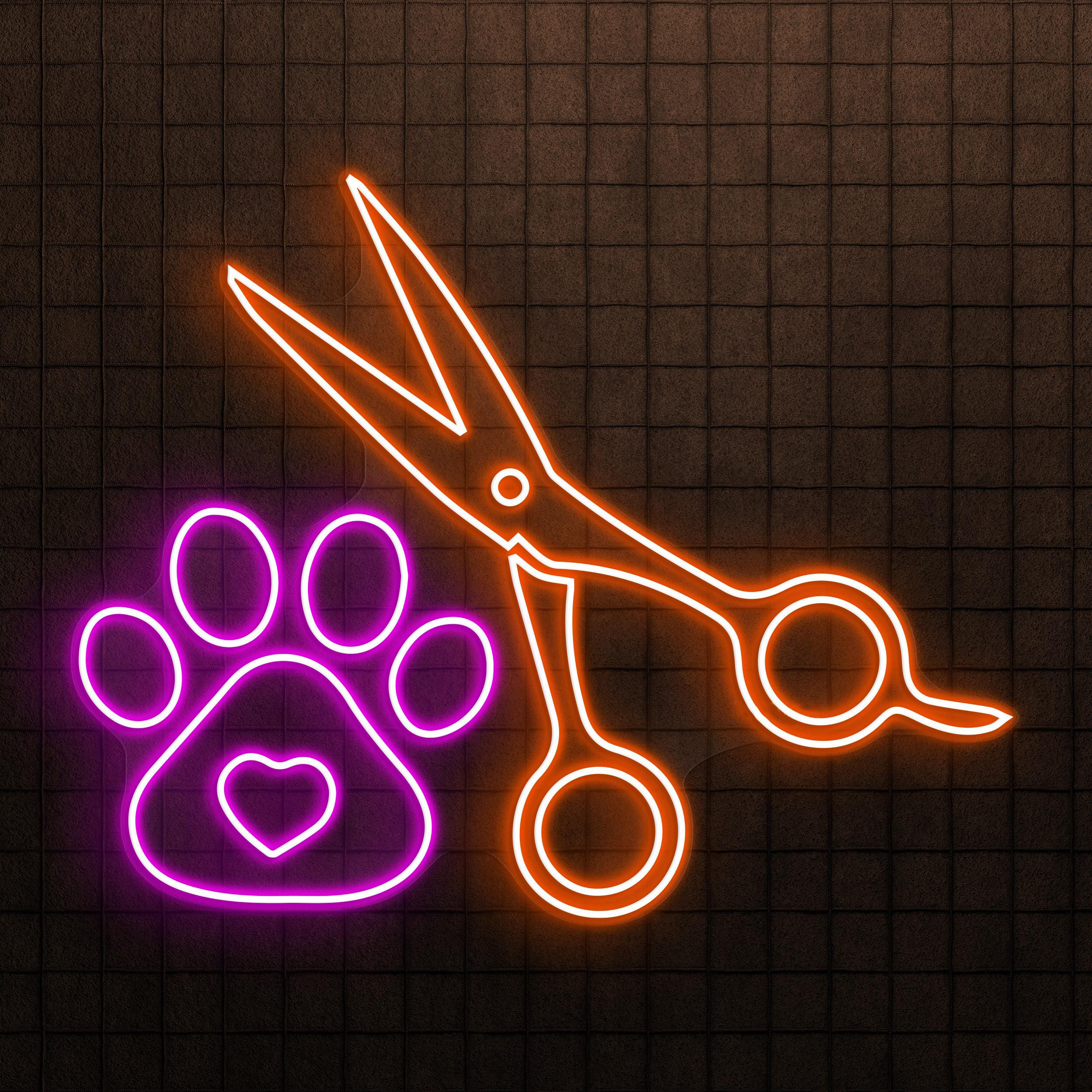 Paw with Scissors Neon Sign, Paw with Scissors LED Light, Pet Grooming Wall Art, Dog Cat Pet Service Sign, Pet Shop Decor, Paw Neon Art
