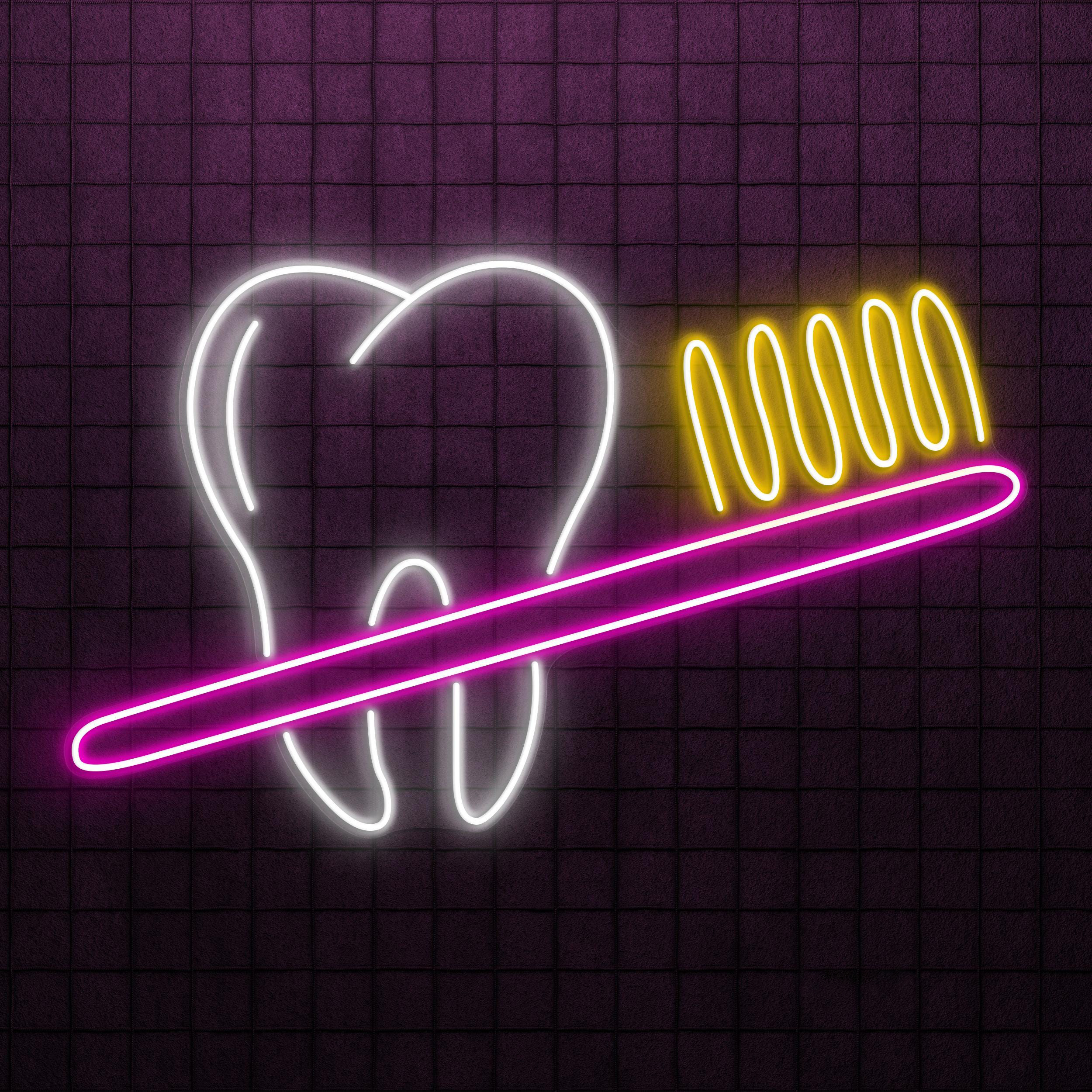 Toothbrush and Teeth Neon Sign, Toothbrush and Teeth LED Light, Bathroom Wall Decor, Dental Office Neon Light, Tooth & Brush Wall Light