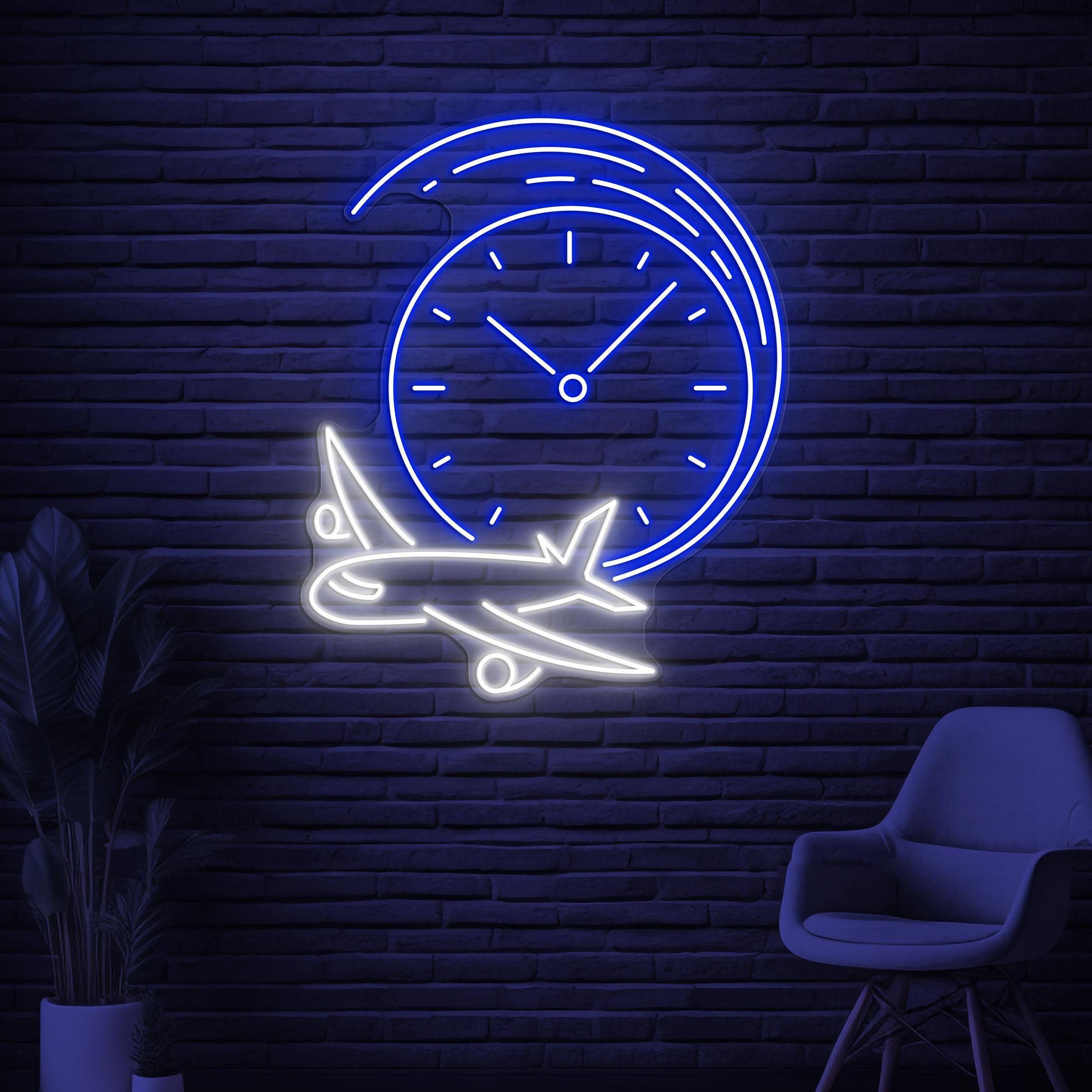Clock and Plane Neon Sign, Clock and Plane LED Light, Airplane Wall Decor, Airport Neon Art, Travel Neon Sign, Travel Agency Wall Decor