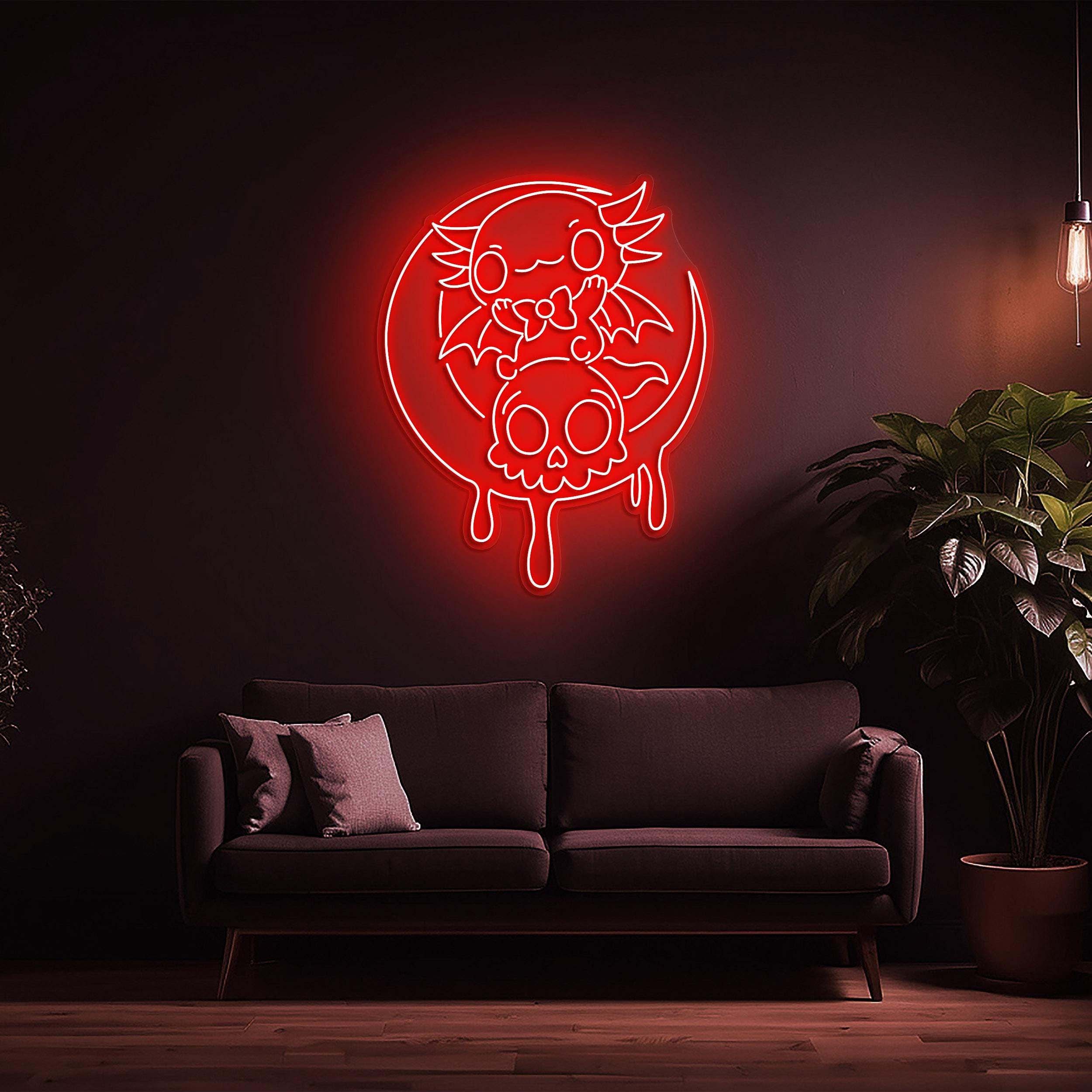 Moon Dipping Neon Sign, Cute Cat and Skull Led Neon Light, Kitty on Moon Sign, Cat Moon Light for Room, Party, Game Room Decor, Led Wall Art