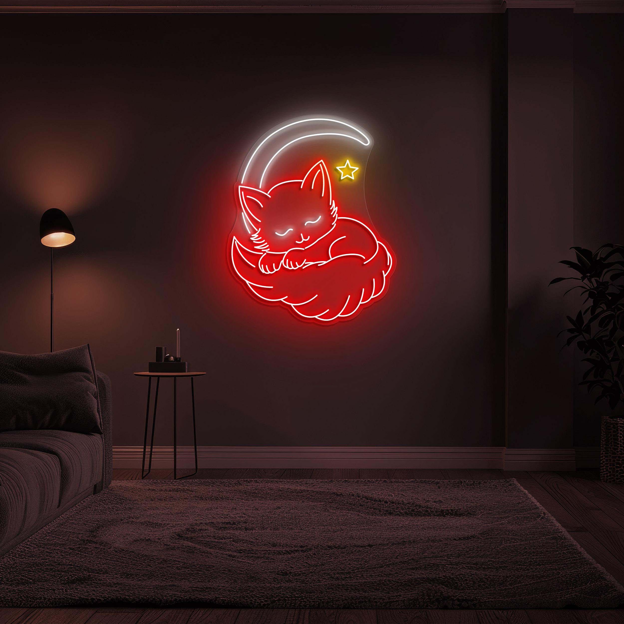 Cat Moon Neon Sign, Anime Cat on Moon, Sleeping Cat LED Light, Bedroom & Nursery Decor, Kids Room Wall Art, Cat Lovers Gift, Cat Neon Sign