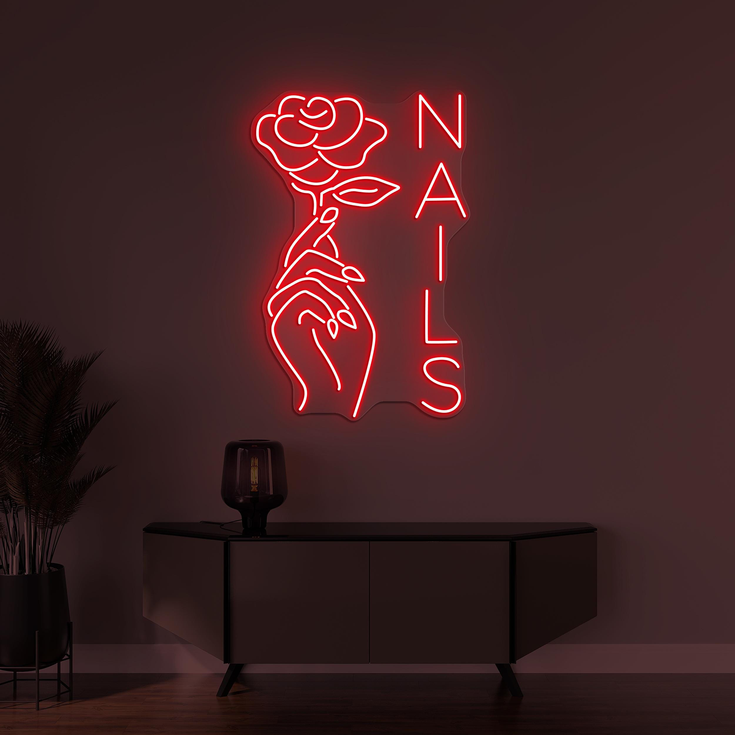 Nails Neon Sign, Nails LED Light, Hand Hold Rose Wall Decor, Custom Neon Sign, Nails Logo Neon Art, Beauty Saloon Wall Art, Manicure Sign