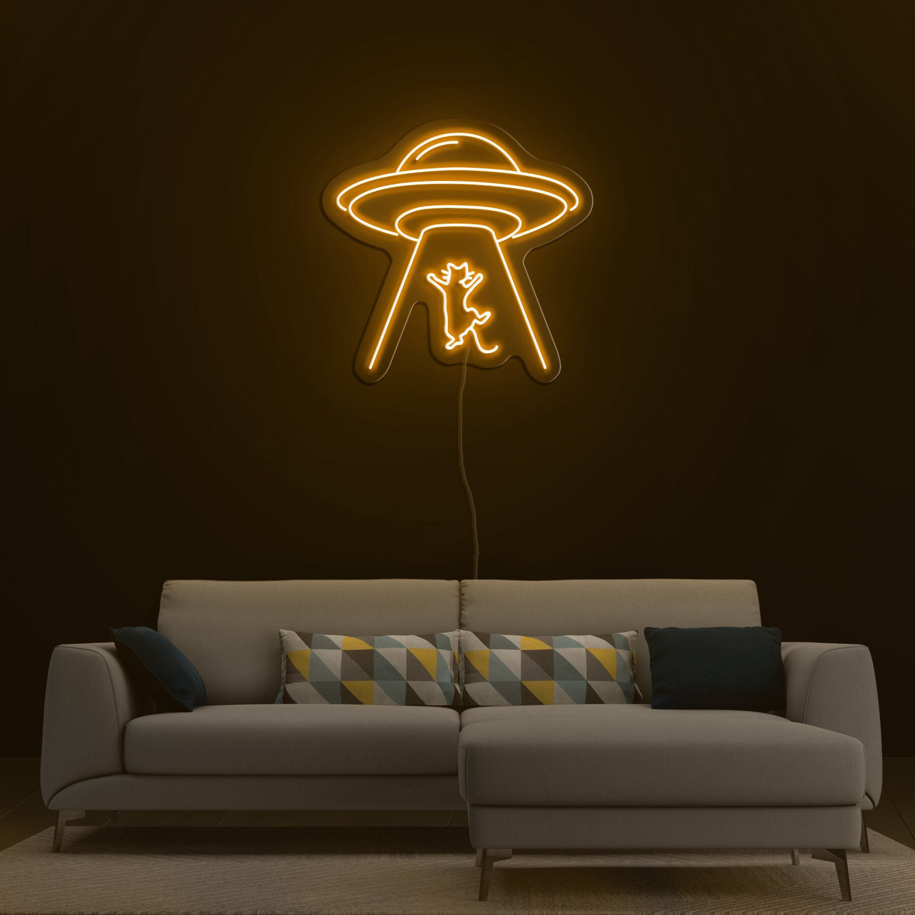 UFO Neon Sign, Alien Cat LED Neon Light for Home Bedroom, Living Room, Man Cave, Office, Wall Decor and Birthday Gift, UFO Party Decoration