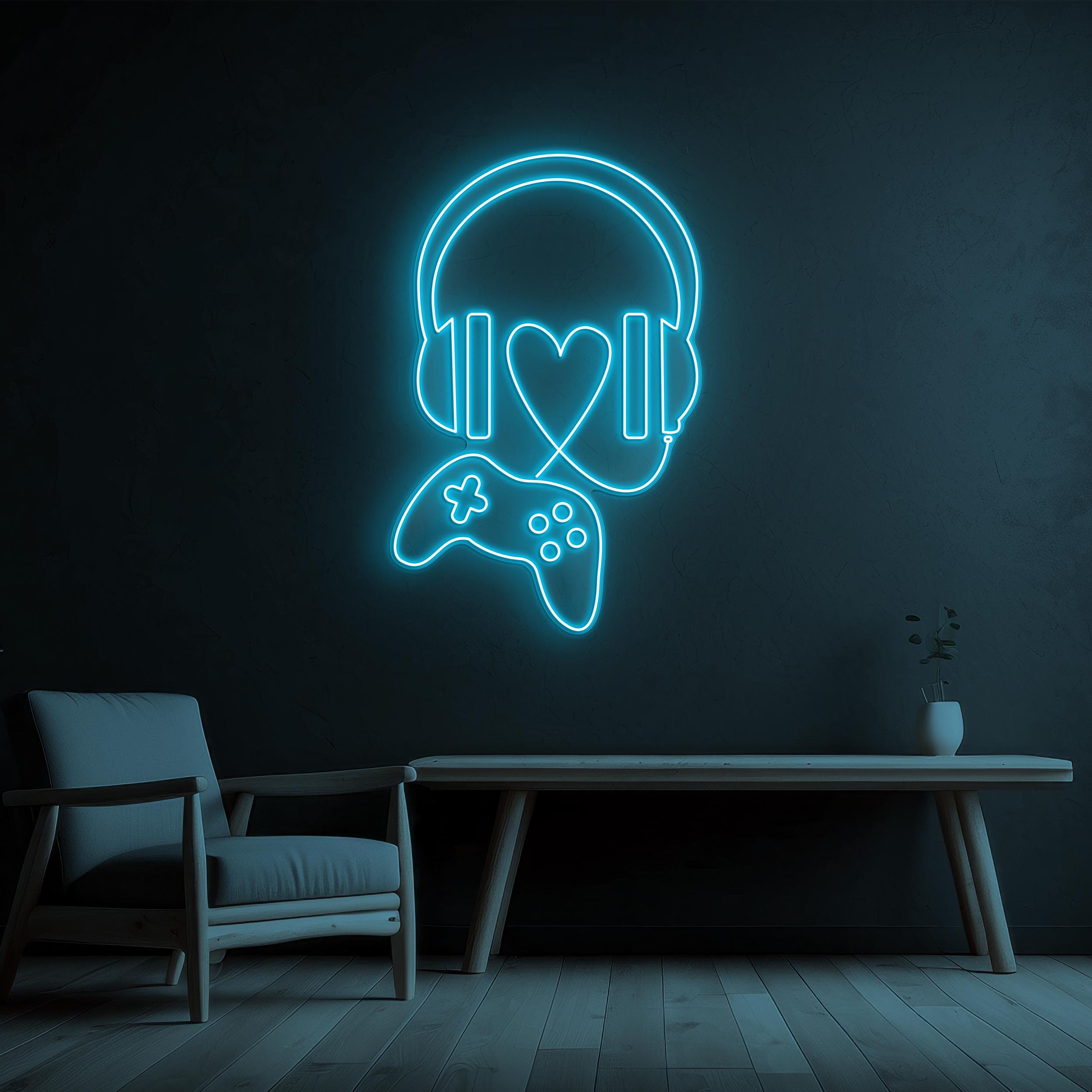 Headphone Neon Sign, Game Controller Led Light, Game Player Wall Decor, Headphone With Heart Sign, Game Room Wall Decor, Game Lover Gift