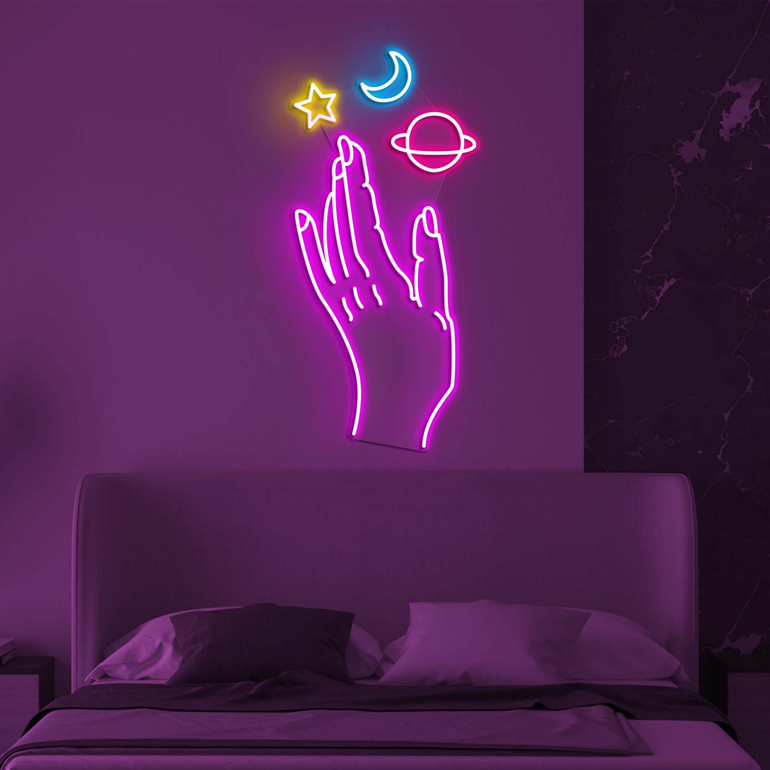 Galaxy Hand Neon Light, Galaxy Moon and Stars Hand Neon Sign, Kids Room Decor, Led Wall Decor for Bedroom, Cafe, or Studio, Neon Art Sign