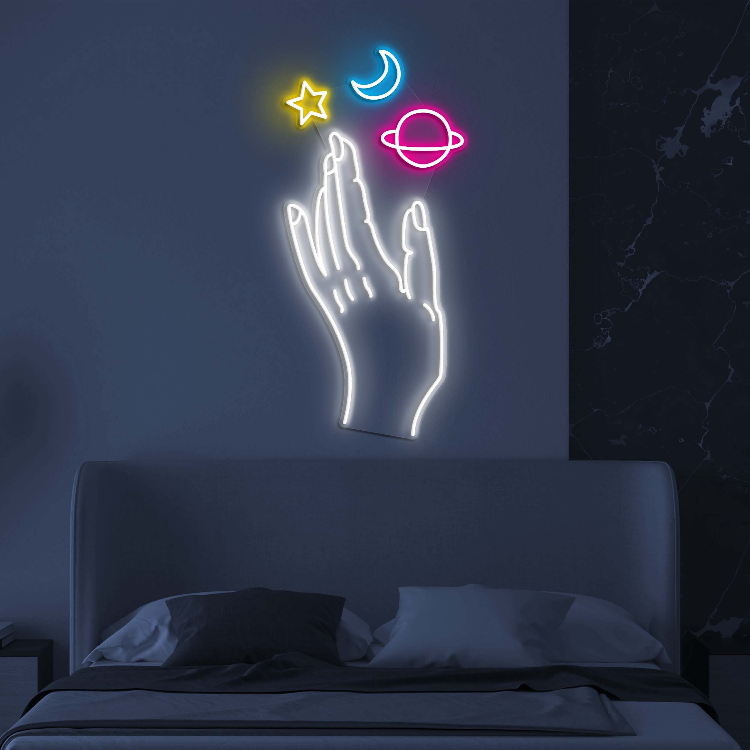 Galaxy Hand Neon Light, Galaxy Moon and Stars Hand Neon Sign, Kids Room Decor, Led Wall Decor for Bedroom, Cafe, or Studio, Neon Art Sign