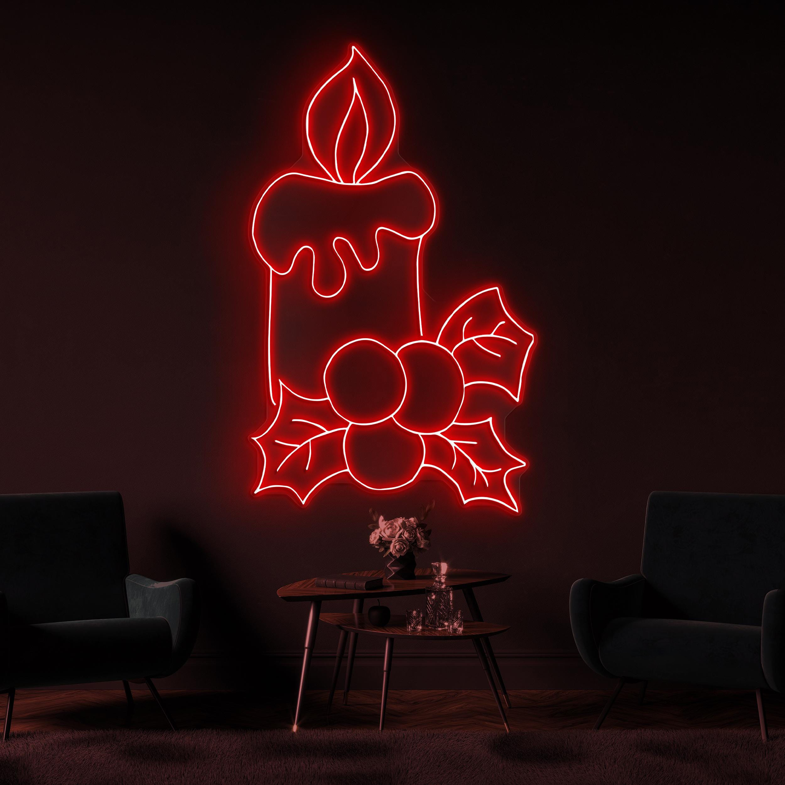 Candle Neon Sign, Christmas Candle LED Light, Berries and Leaves Neon Art, Festive Candle Wall Decor, Decor for Home, Weddings, & Party