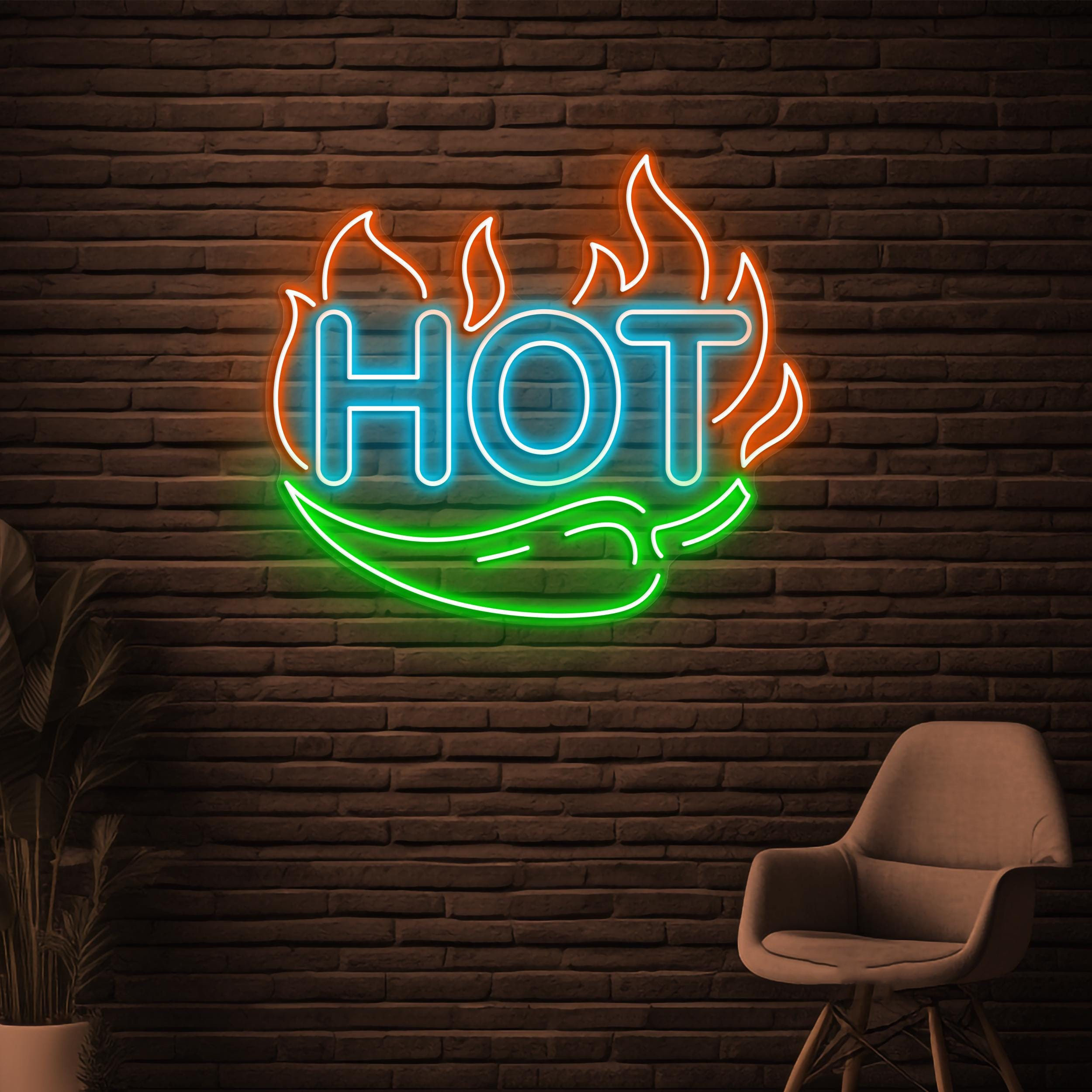 Hot Neon Sign, Hot LED Light, Hot Chili Wall Decor, Chili Pepper Wall Light, Flaming Neon Light, Fire Spicy Pepper Sign, Kitchen Wall Art