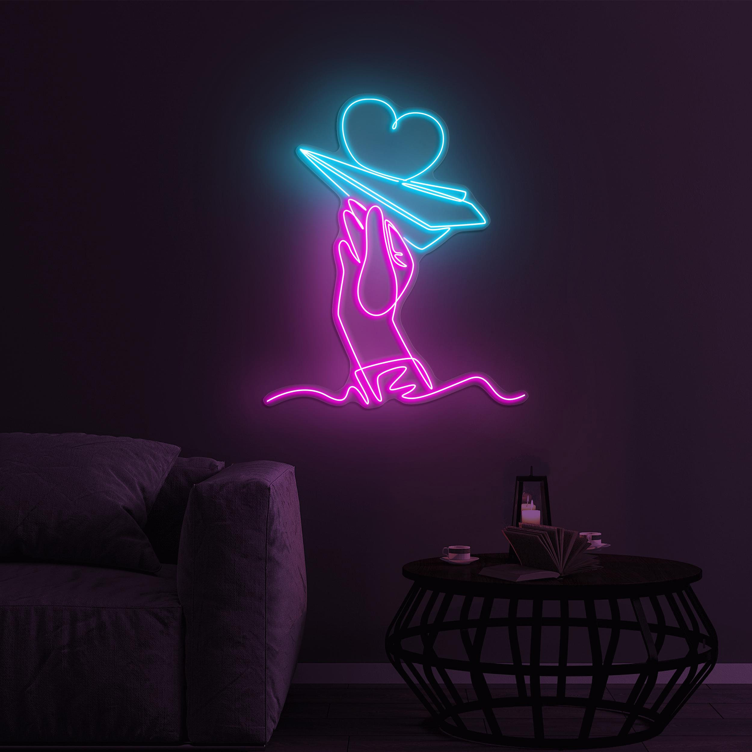 Hand and Paper Plane Neon Sign, Flying Heart LED Light, Hand and Paper Plane LED Neon Art, Home Wall Decor, Airport Wall Art, Custom Sign