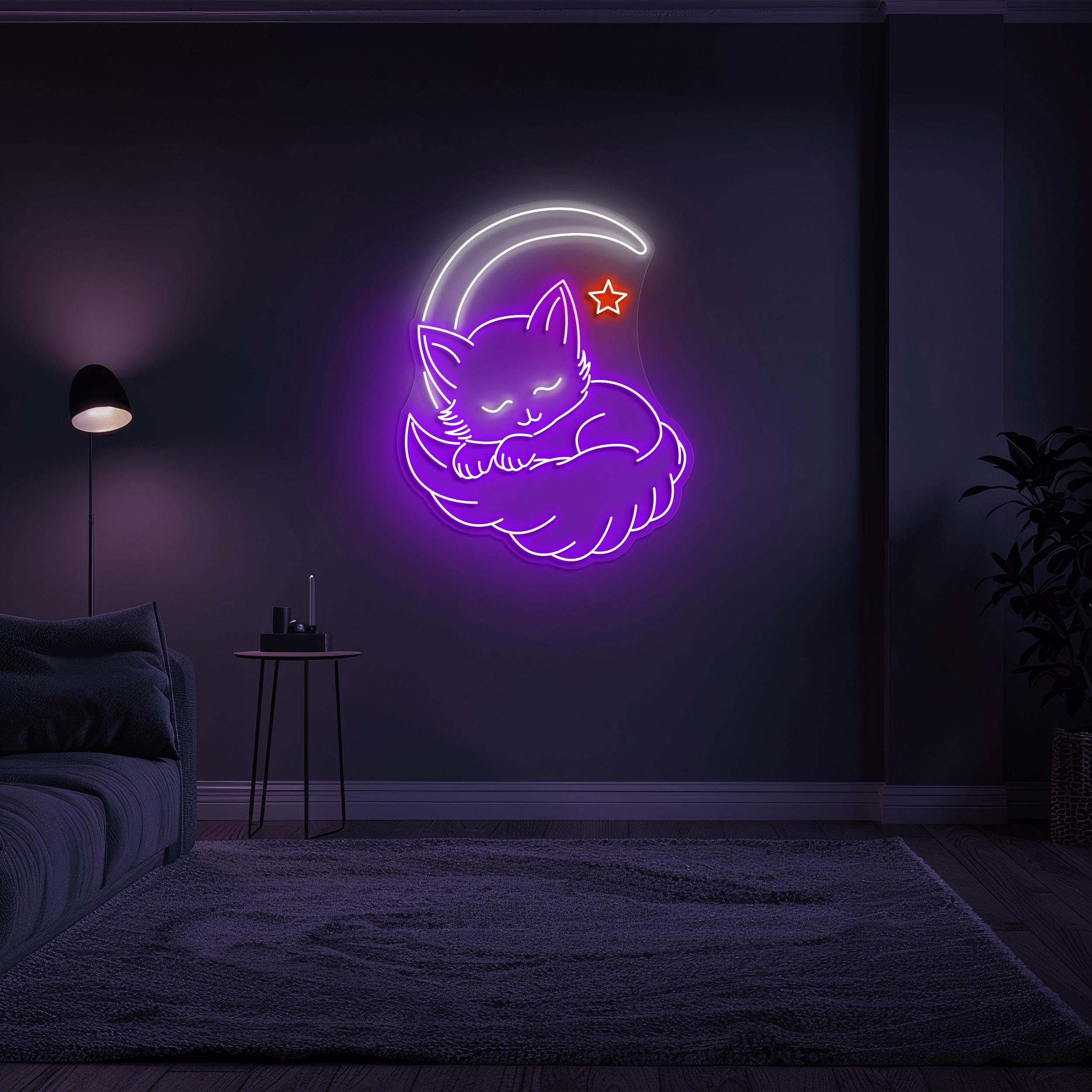 Cat Moon Neon Sign, Anime Cat on Moon, Sleeping Cat LED Light, Bedroom & Nursery Decor, Kids Room Wall Art, Cat Lovers Gift, Cat Neon Sign