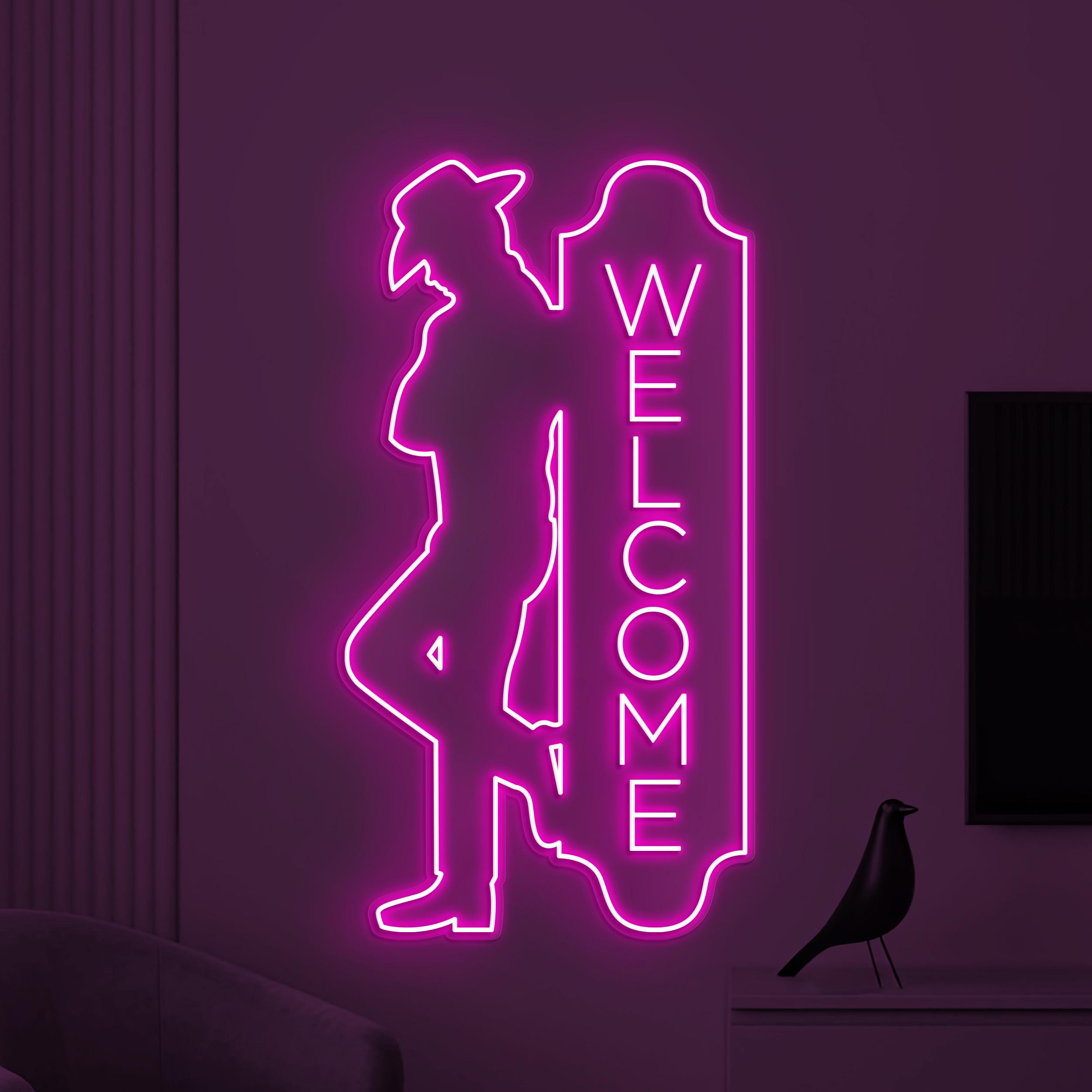 Welcome Neon Sign, Welcome LED Light, Cowboy Man Wall Decor, Cafe Neon Sign, Personalized Welcome Sign, Open Shop Sign, Business Logo Art