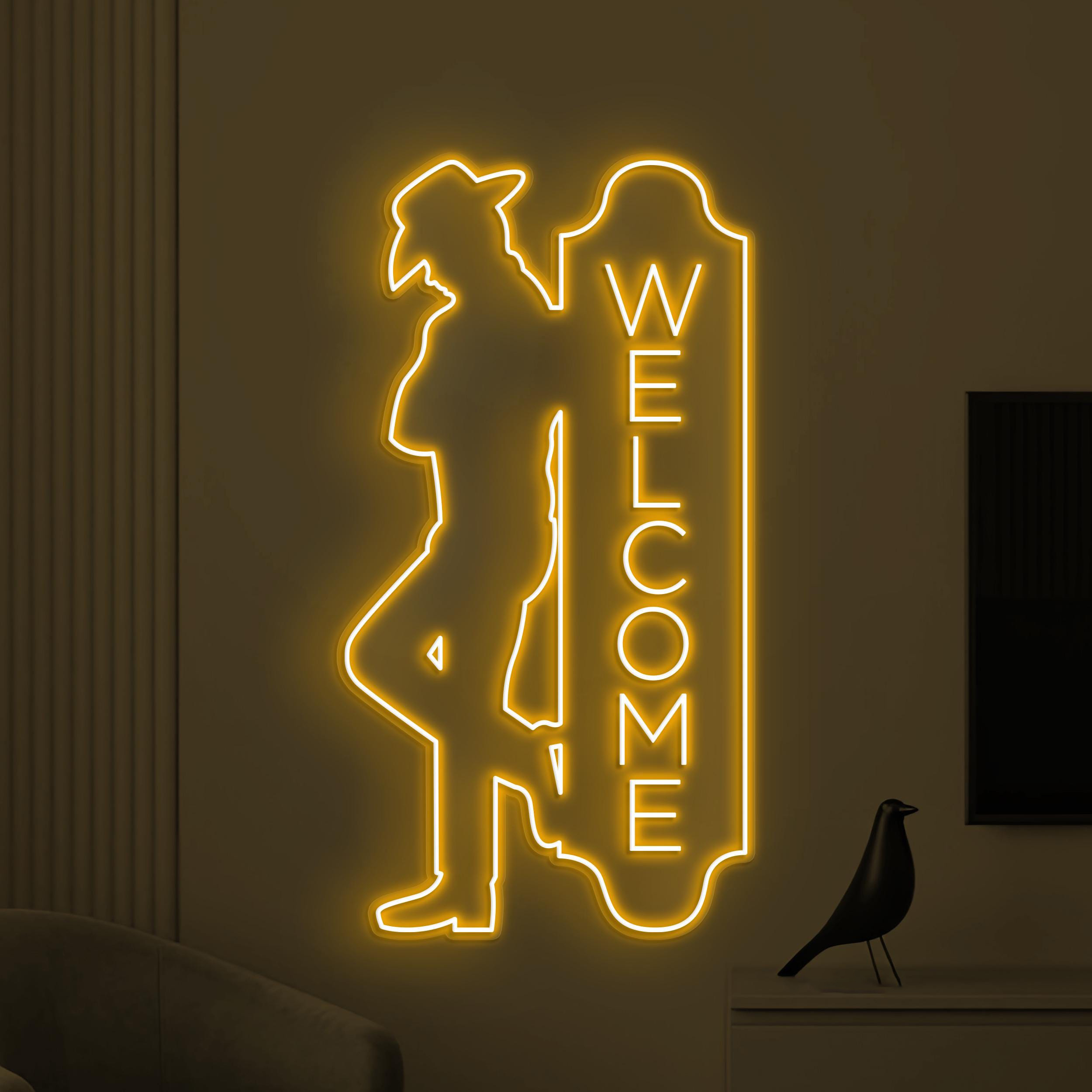 Welcome Neon Sign, Welcome LED Light, Cowboy Man Wall Decor, Cafe Neon Sign, Personalized Welcome Sign, Open Shop Sign, Business Logo Art