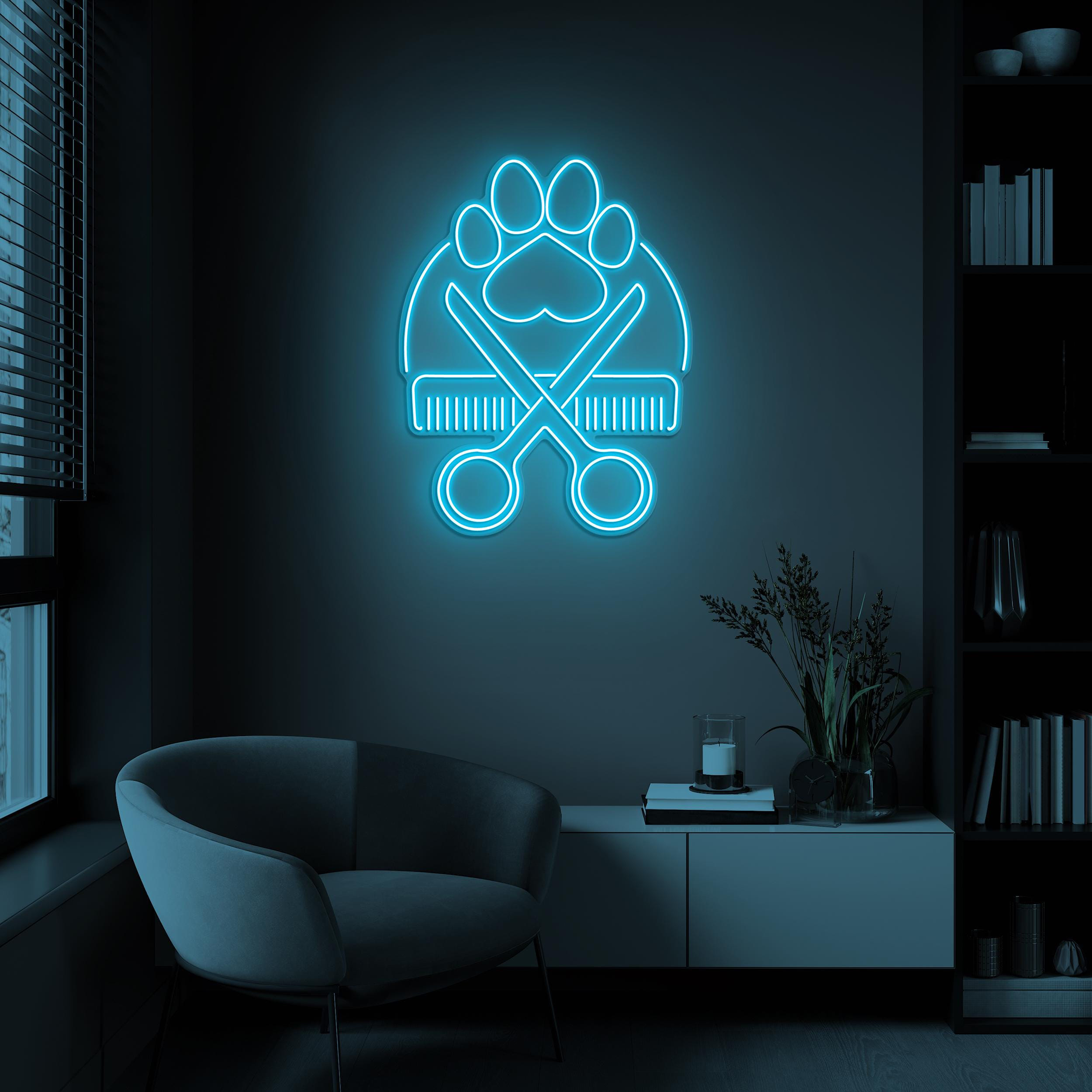 Paw with Scissors Neon Sign, Paw Print with Scissors LED Light, Dog Cat Pet Service Decor, Pet Shop Wall Decor, Paw Neon Art, Pet Salon Art