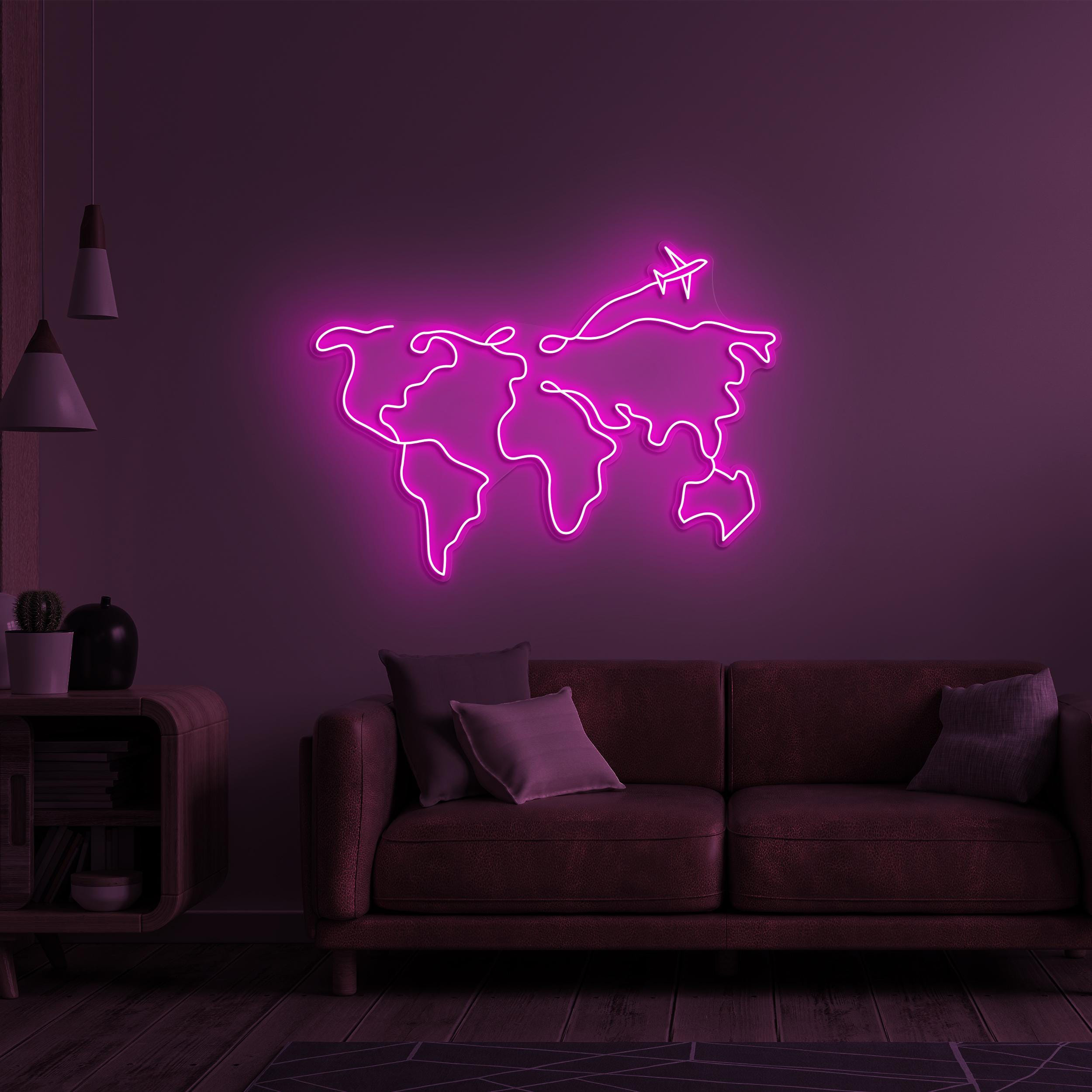 World Map Neon Sign, World Map with Airplane LED Light, World Map LED Neon Art, Travel Neon Light, Adventure Wall Art, Travel Agency Decor