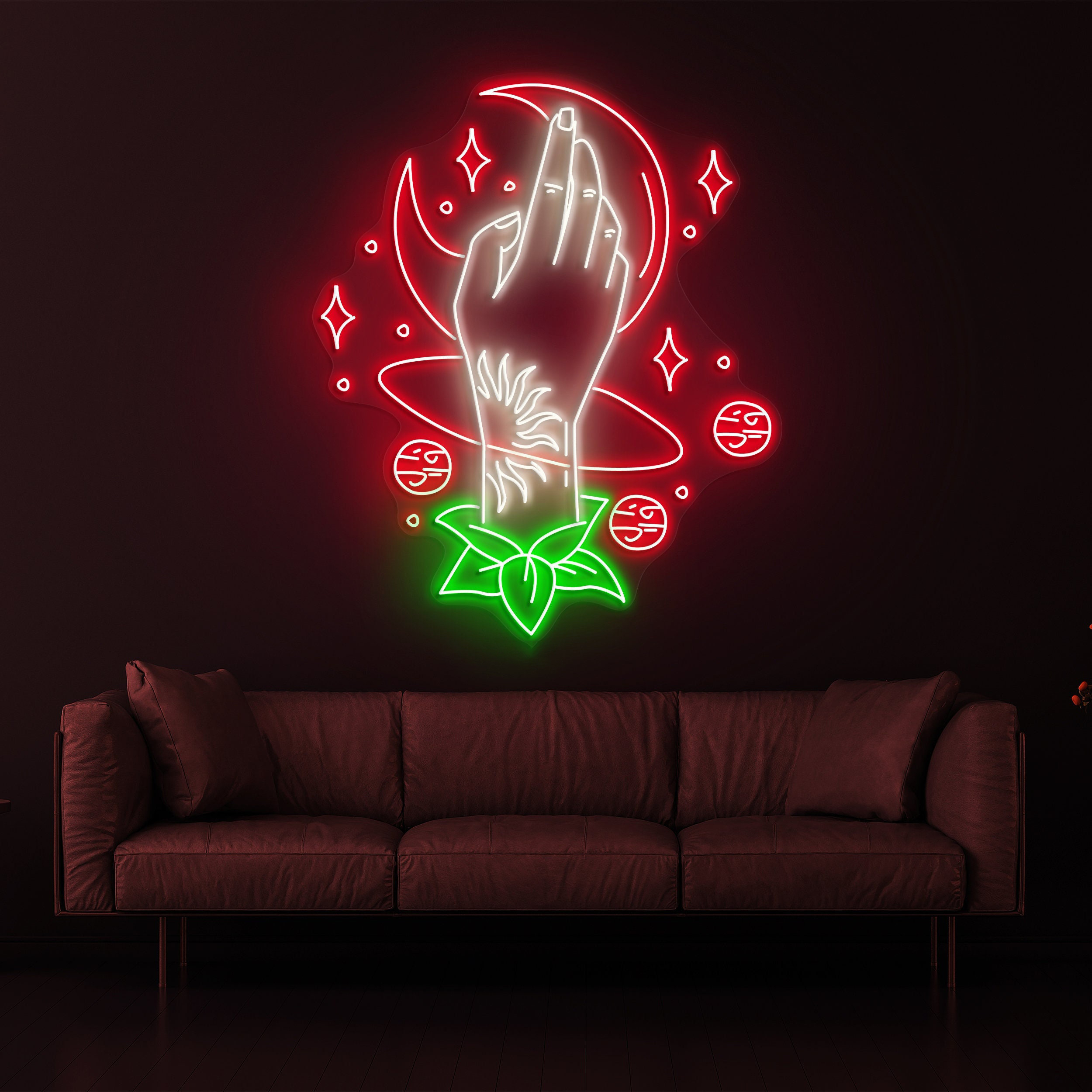 Hand Holding Moon & Stars Neon Sign, Moon LED Light, Universe Space Room Wall Decor, Salon Decor, Lady Nail Moon Stars Neon Sign, Moon Sign