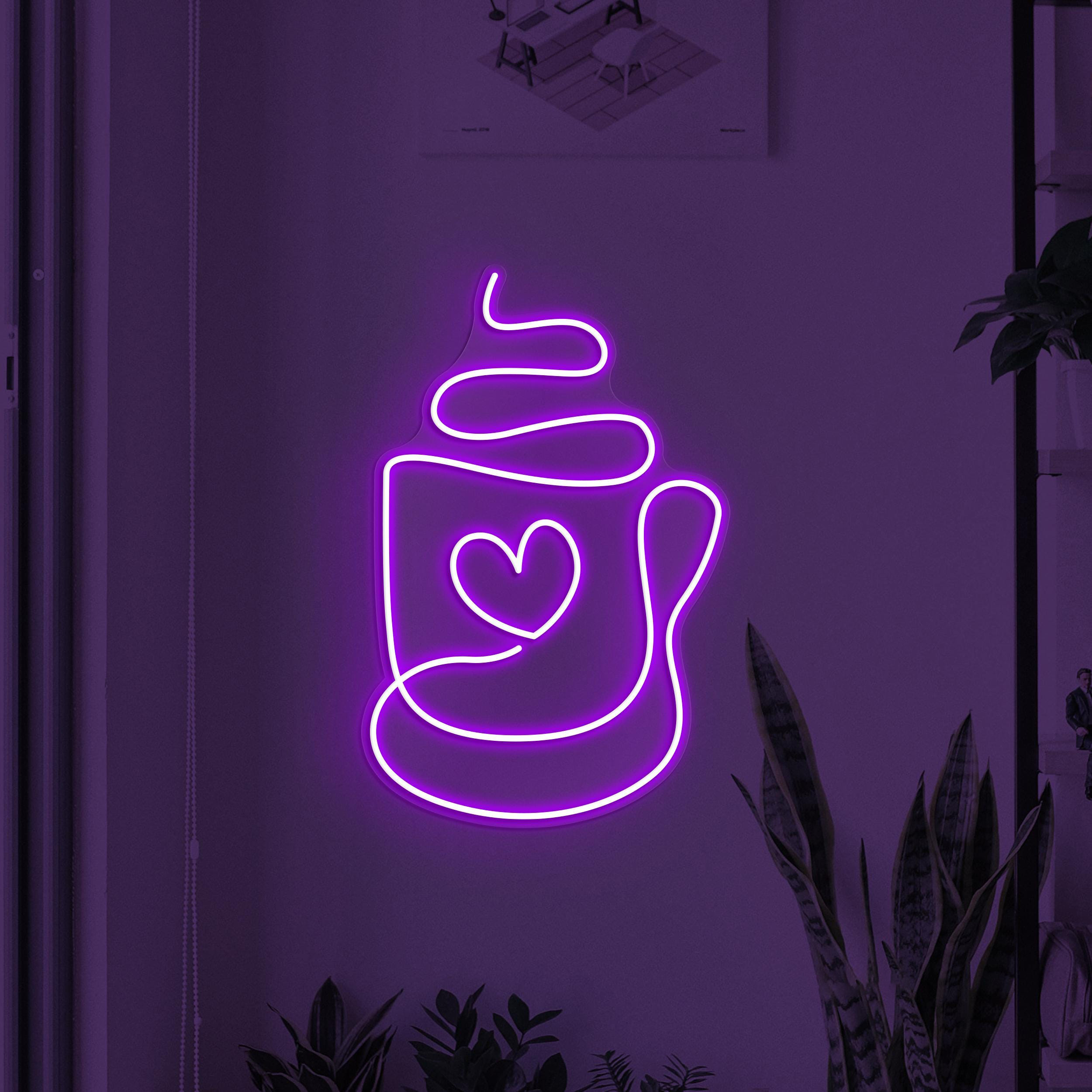 Coffee Heart Cup Neon Sign, Coffee Love LED Light, Coffee Shop Wall Decor, Coffee Cup Logo, Store, Bar, Cafe & Home Decor, Couple Neon Sign