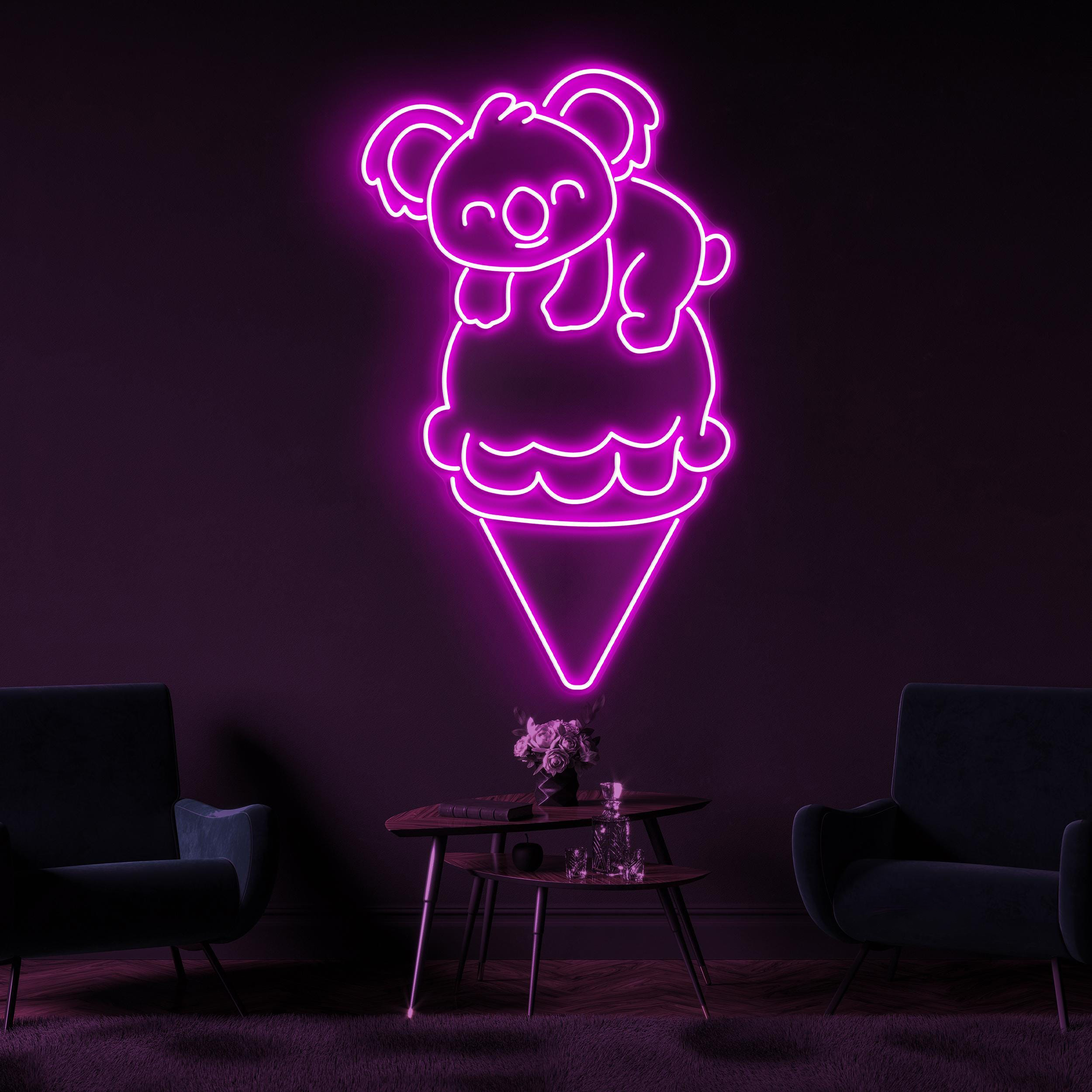 Koala on Ice Cream Neon Sign, Koala on Ice Cream LED Light, Cute Koala Wall Art, Cafe and Bar Neon Light, Kids Room Art, Ice Cream Shop Sign