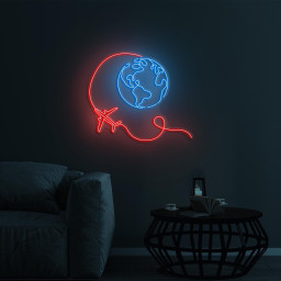 Earth and Airplane Neon Sign, Travel World LED Light, Earth and Airplane LED Art, Home Wall Decor, Travel Agency Wall Decor, Airplane Sign