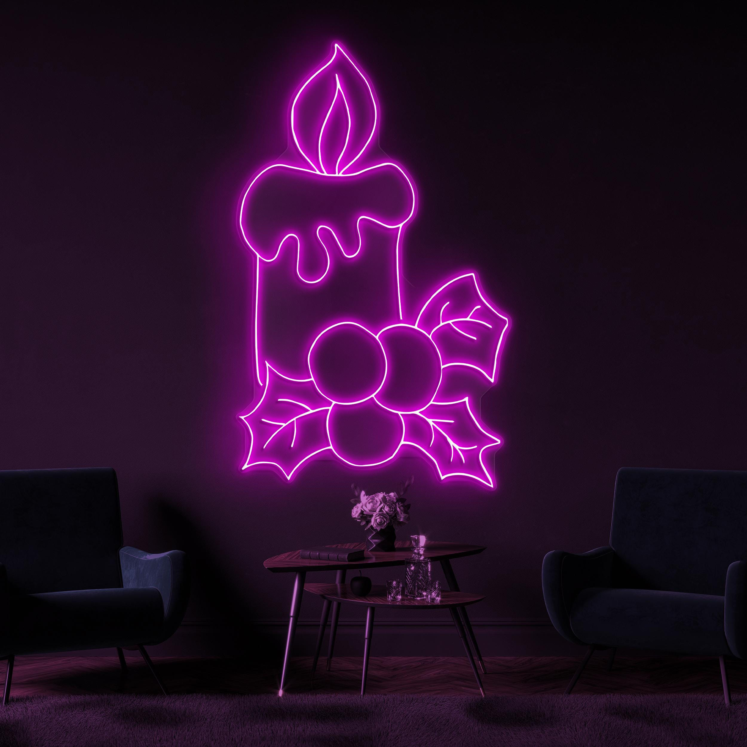 Candle Neon Sign, Christmas Candle LED Light, Berries and Leaves Neon Art, Festive Candle Wall Decor, Decor for Home, Weddings, & Party