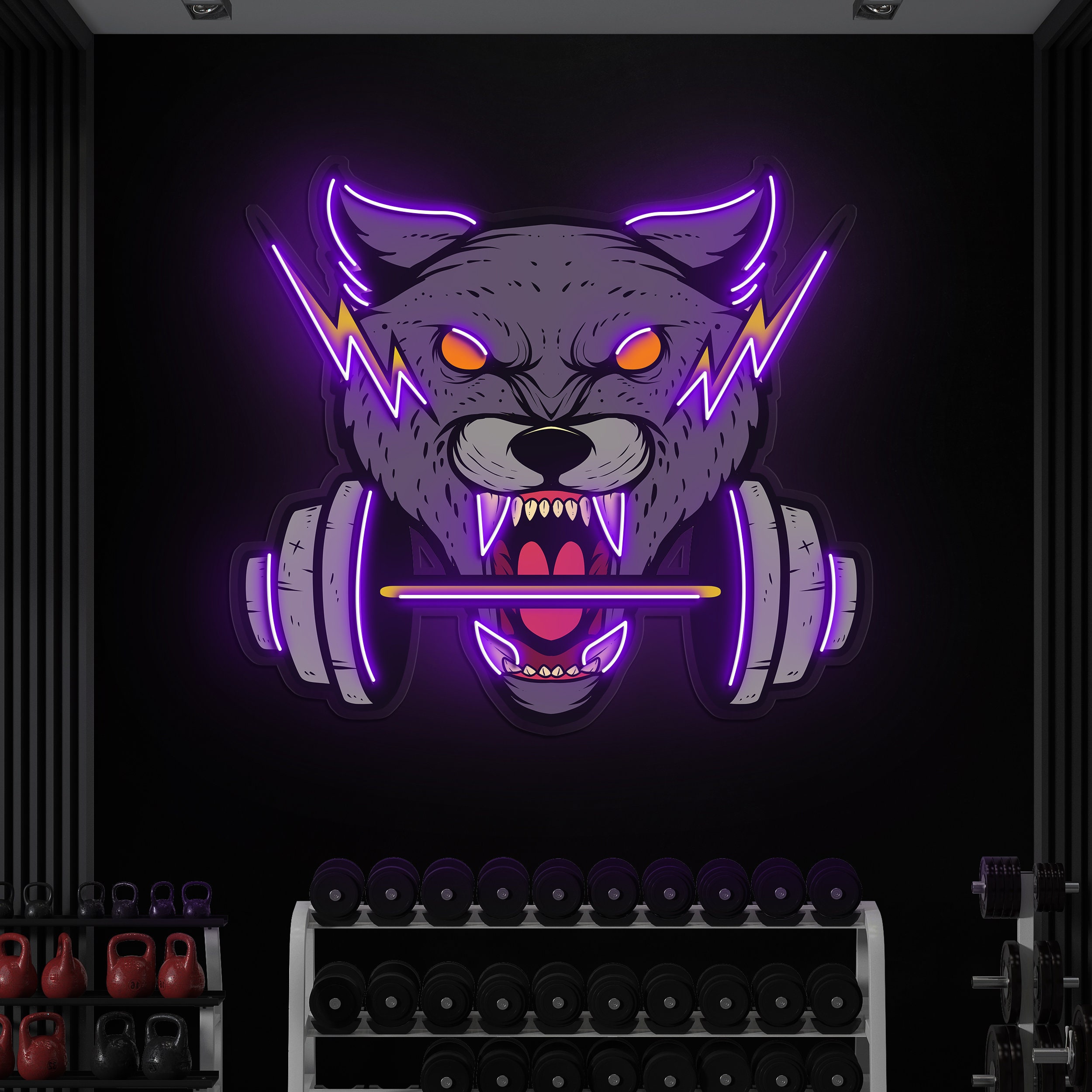 Wolf and Dumbbell Neon Light, Roaring Wolf Neon Sign, Gym and Fitness Decor, LED Gym Decor for Game Rooms, Man Caves, Bars, Wolf Wall Art