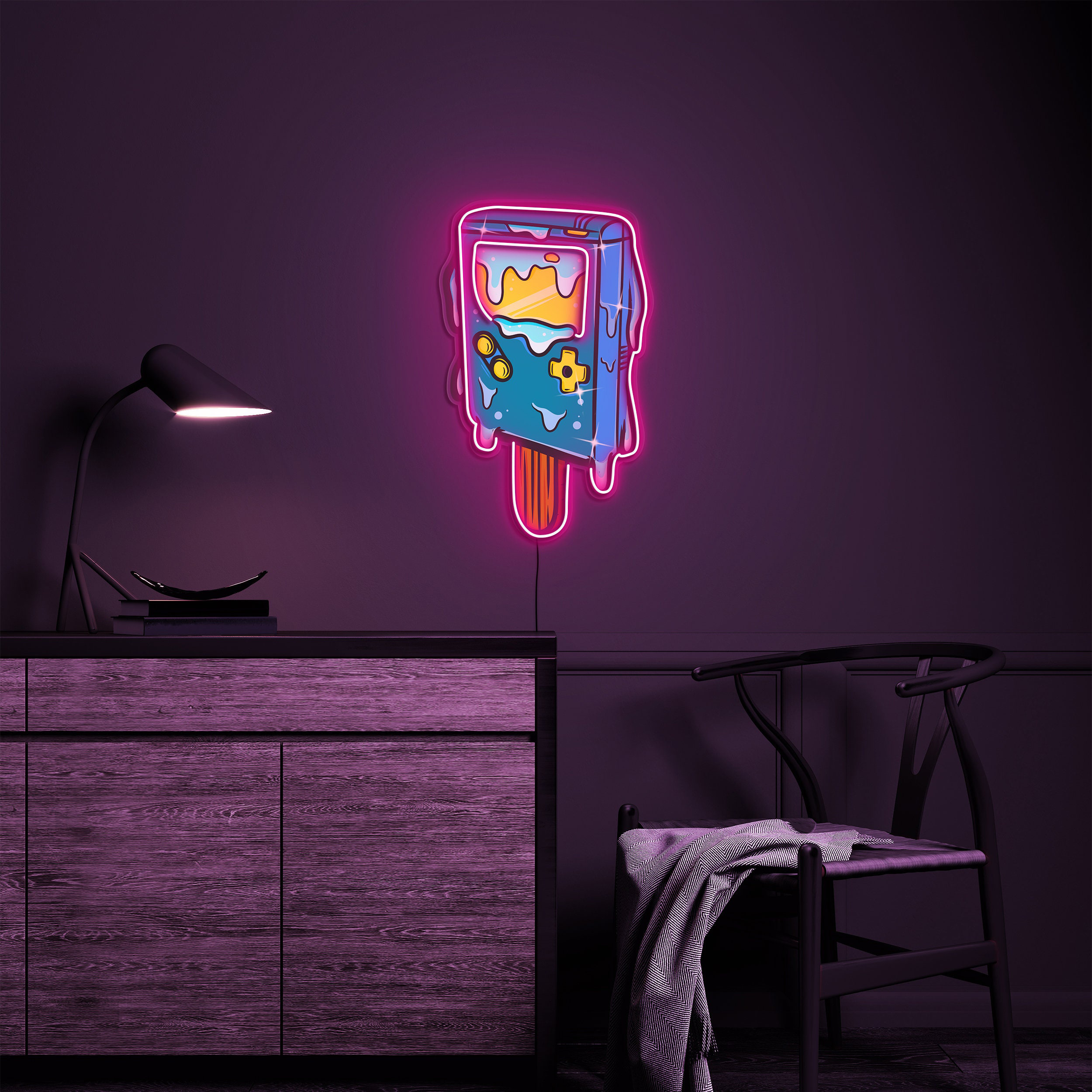 Ice Cream Game Boy Neon Sign, 80s Decor, LED Neon Pop Art Sign, Game Remote Sign, Game Room Decor, Ice Cream Cone Game Boy LED Wall Art
