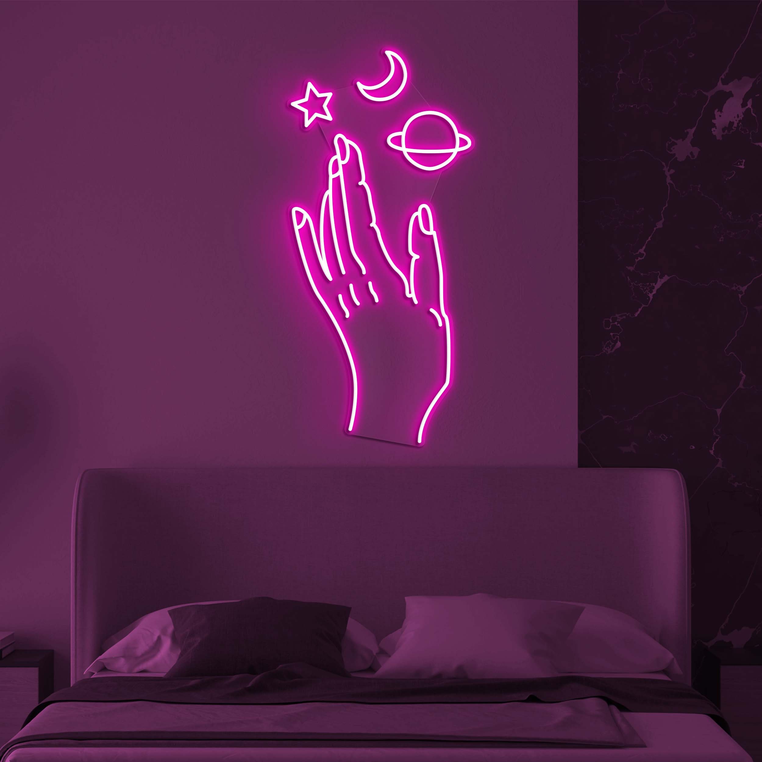 Galaxy Hand Neon Light, Galaxy Moon and Stars Hand Neon Sign, Kids Room Decor, Led Wall Decor for Bedroom, Cafe, or Studio, Neon Art Sign