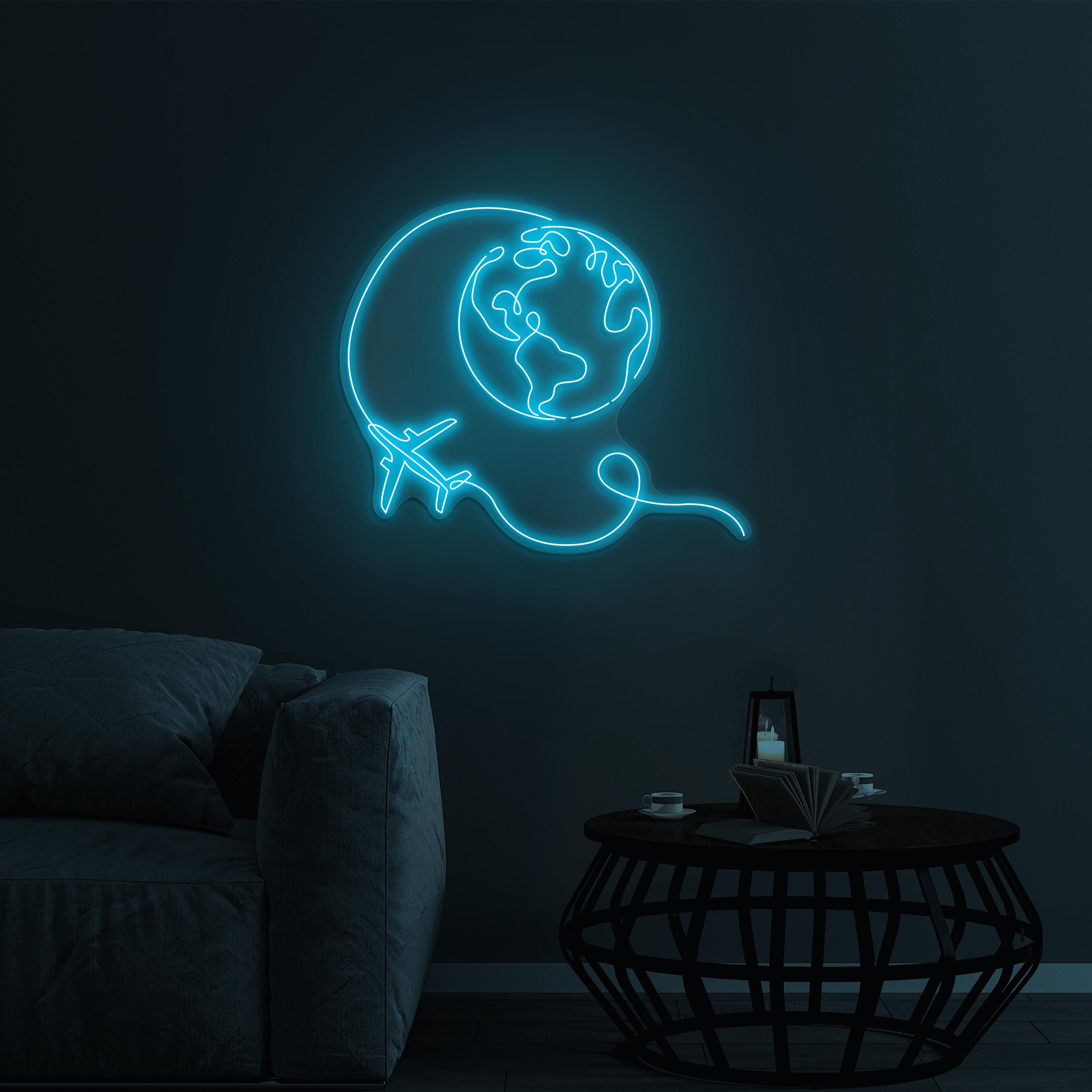 Earth and Airplane Neon Sign, Travel World LED Light, Earth and Airplane LED Art, Home Wall Decor, Travel Agency Wall Decor, Airplane Sign
